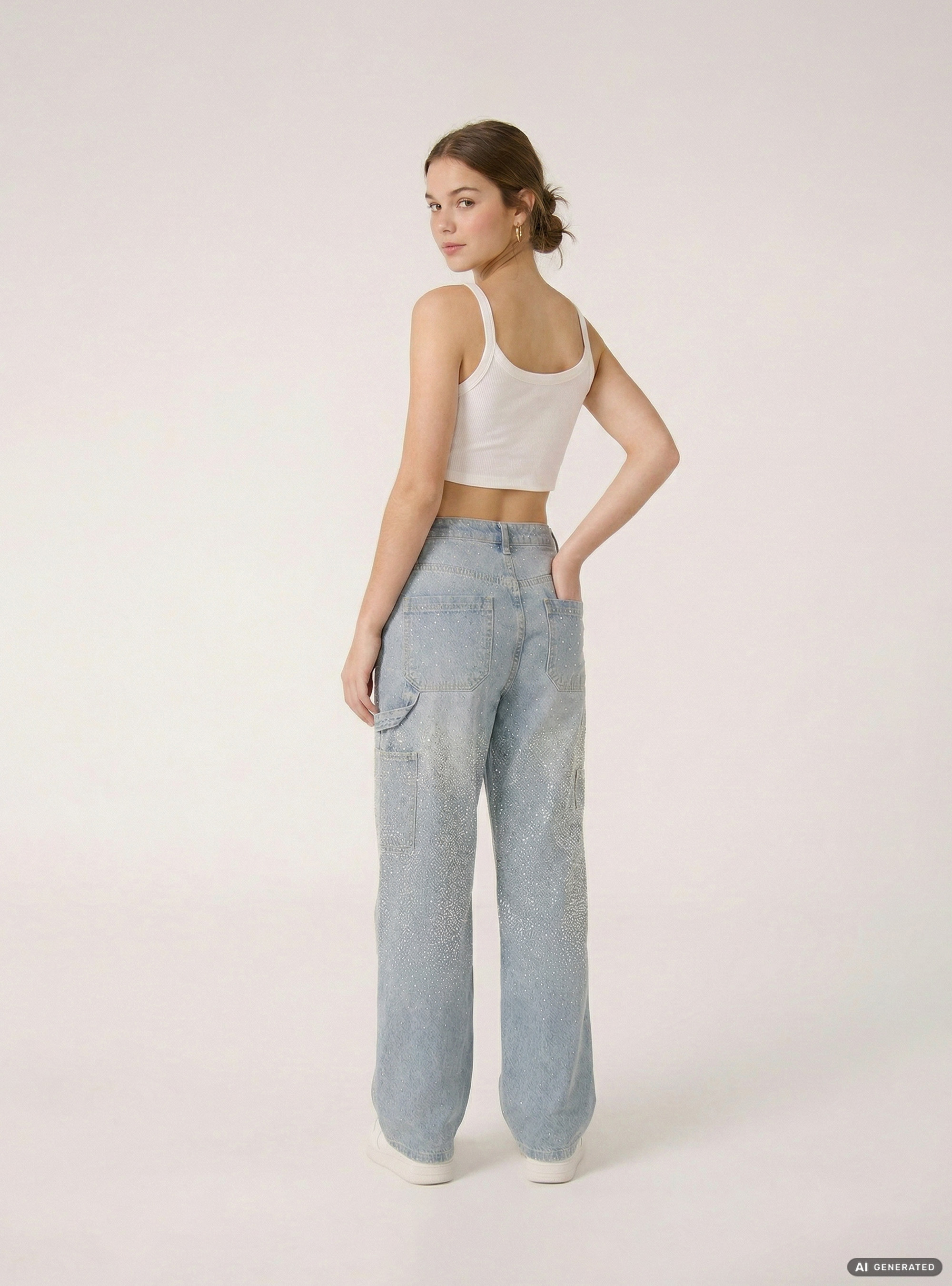 Jean baggy style charpentier avec strass, D006 AZURE