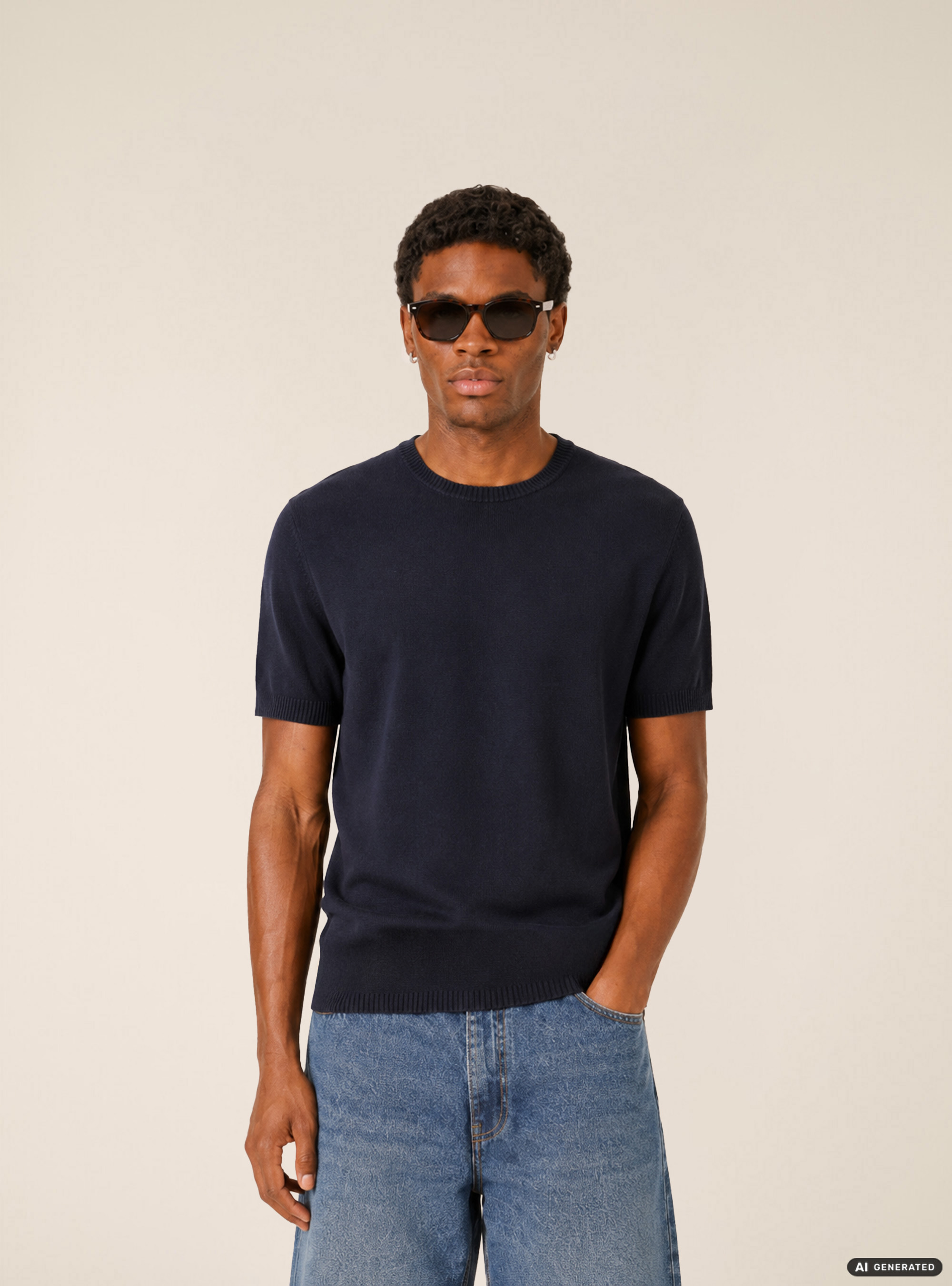 Kurz&auml;rmeliges leichtes Strick-T-Shirt, NA1 NAVY DARK