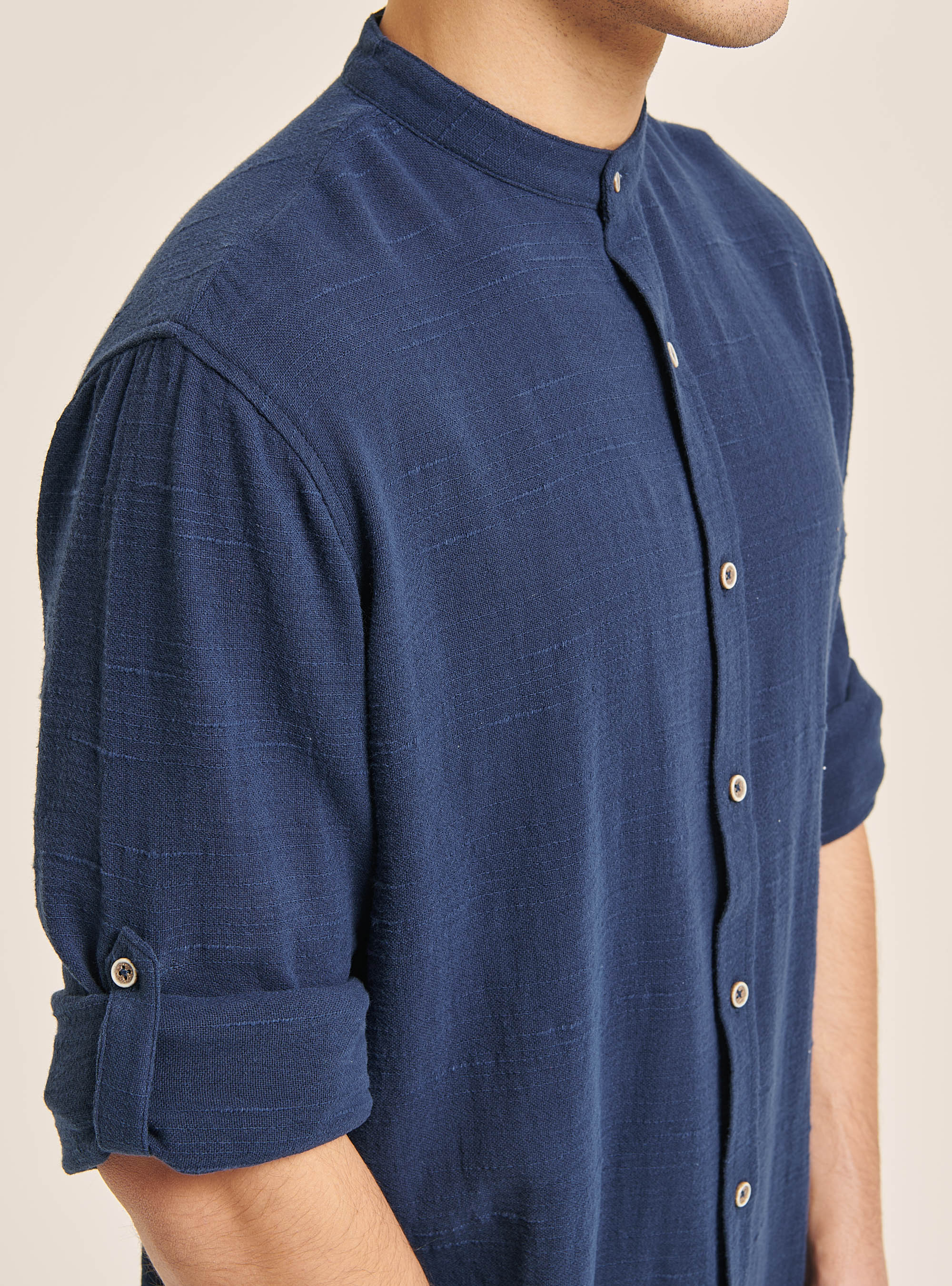 Linen blend shirt with Korean collar, BLUE NAVY