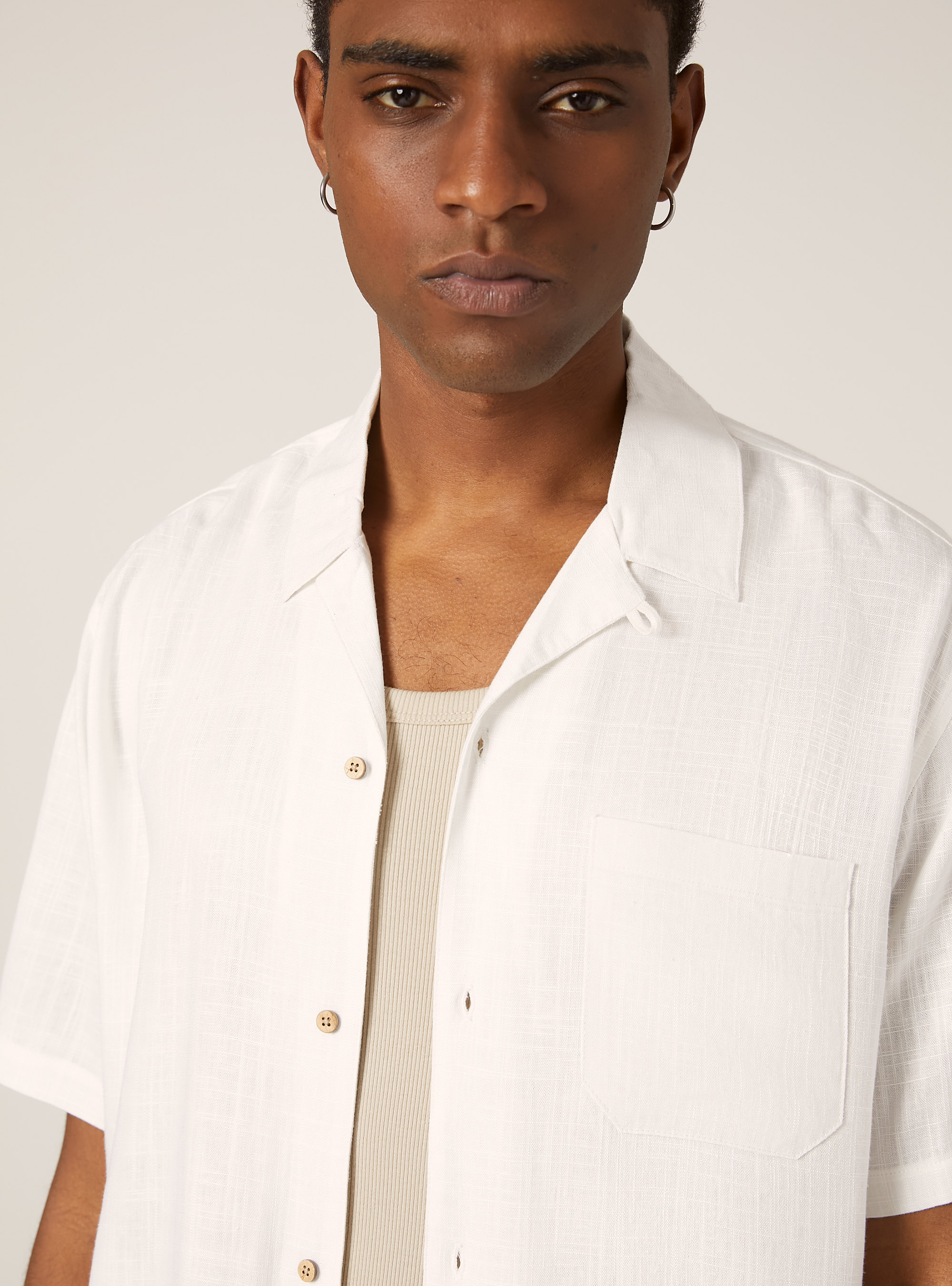 Camicia in misto lino con collo bowling, WH1 OFF WHITE