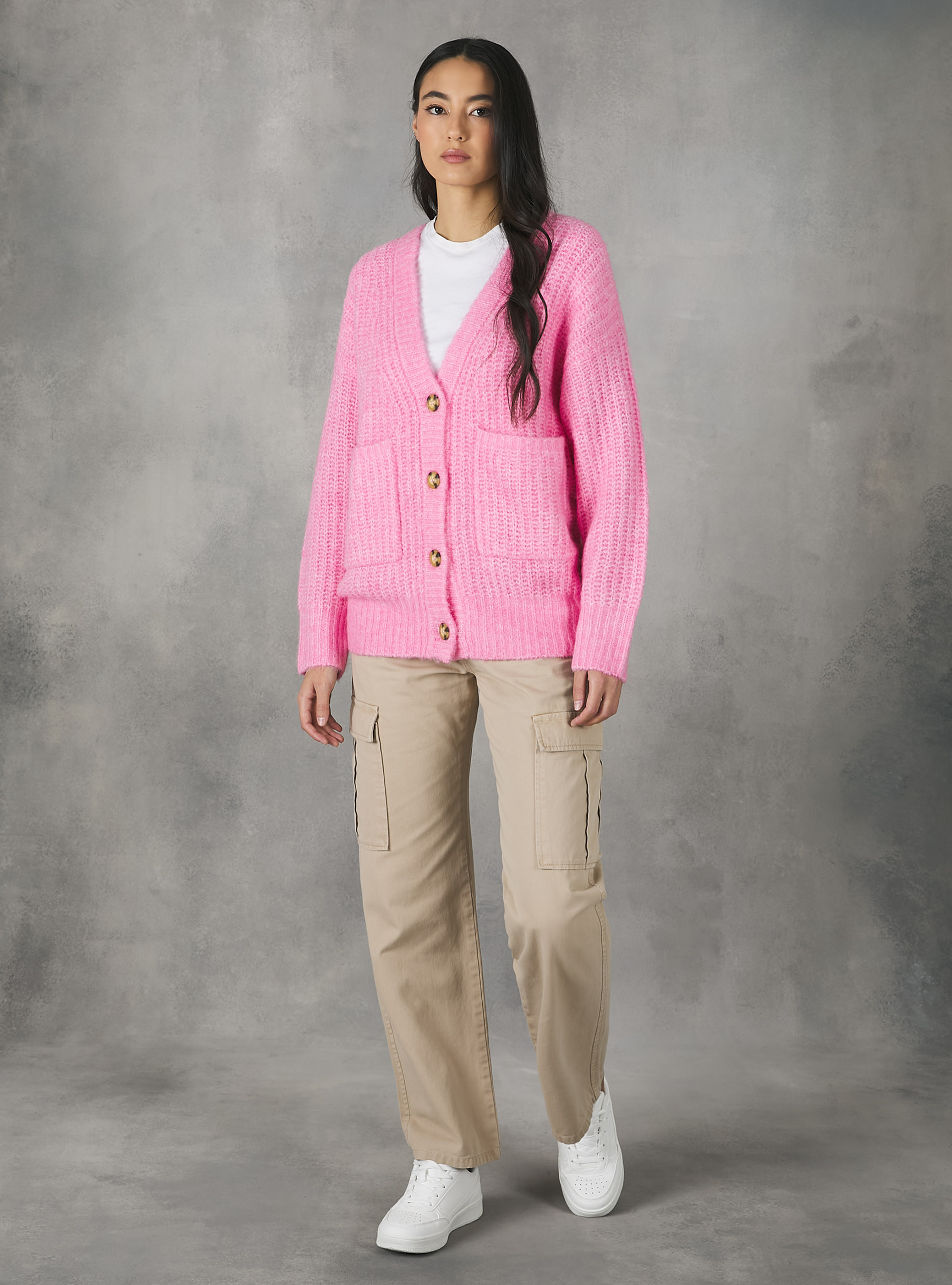 Ribbed cardigan pullover, MPK2 PINK MEL MEDIUM