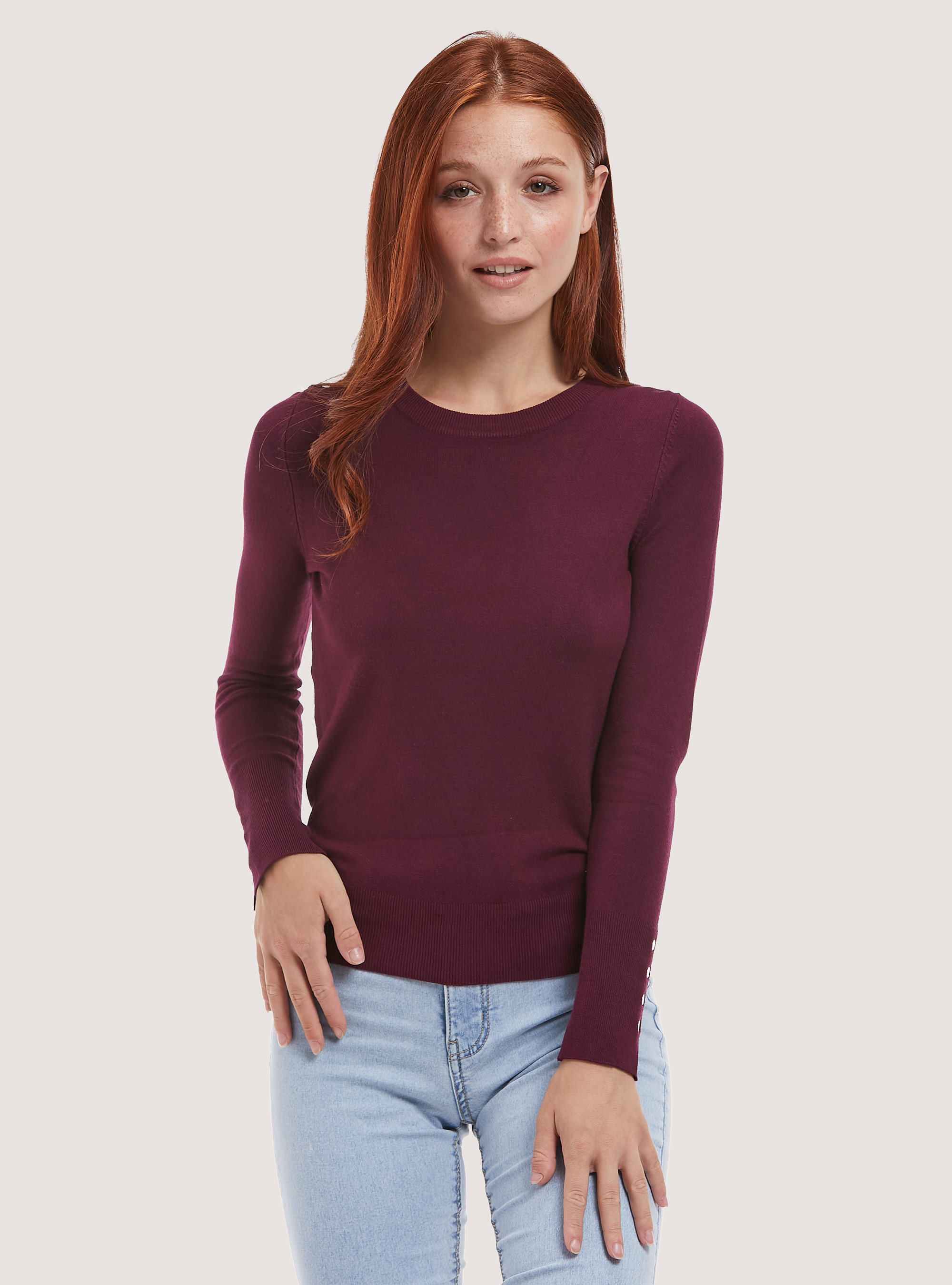 Jersey de cuello redondo con botones en la manga, BO1 BORDEAUX DARK