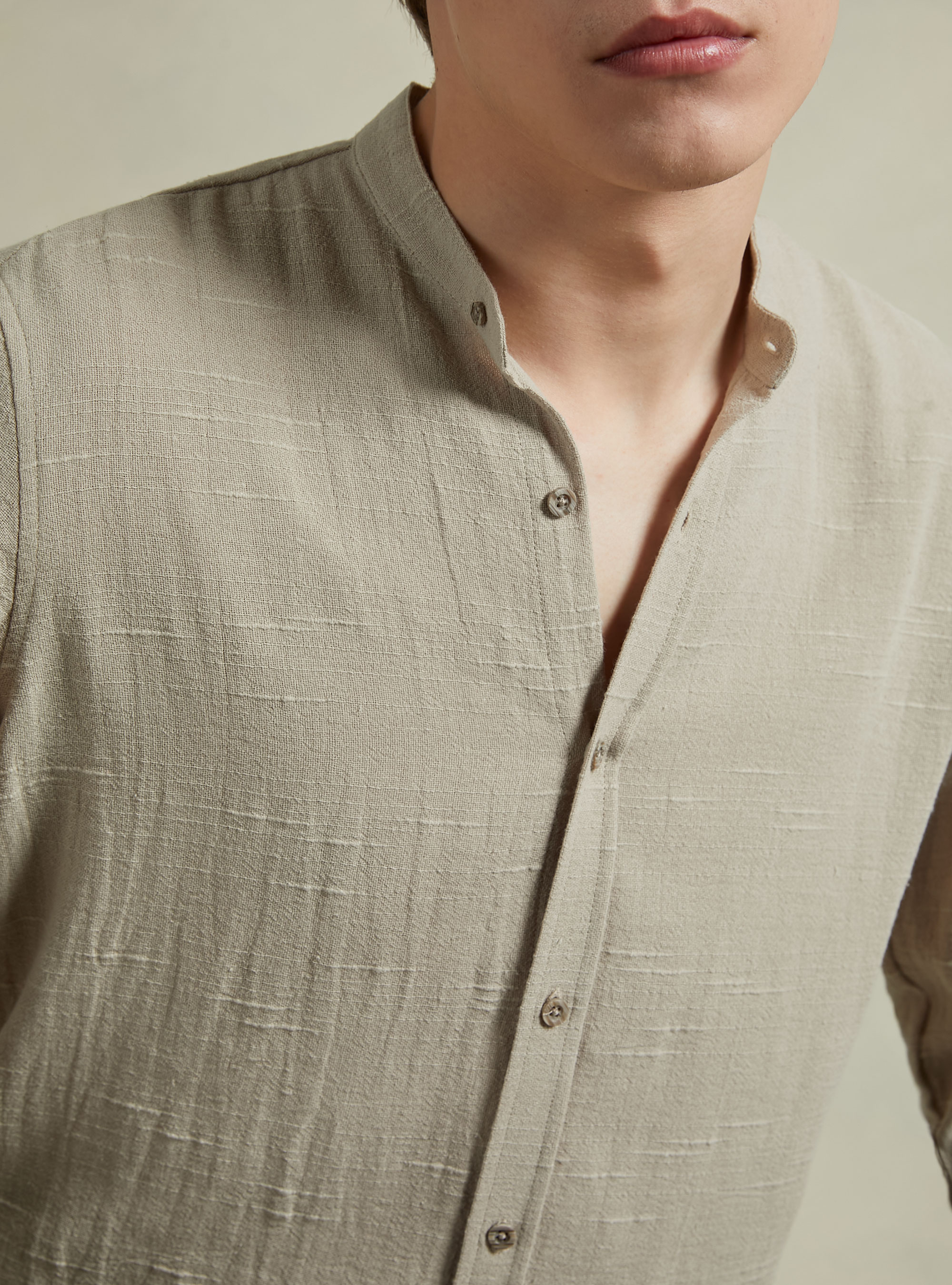 Linen blend shirt with Korean collar, BG2 BEIGE MEDIUM