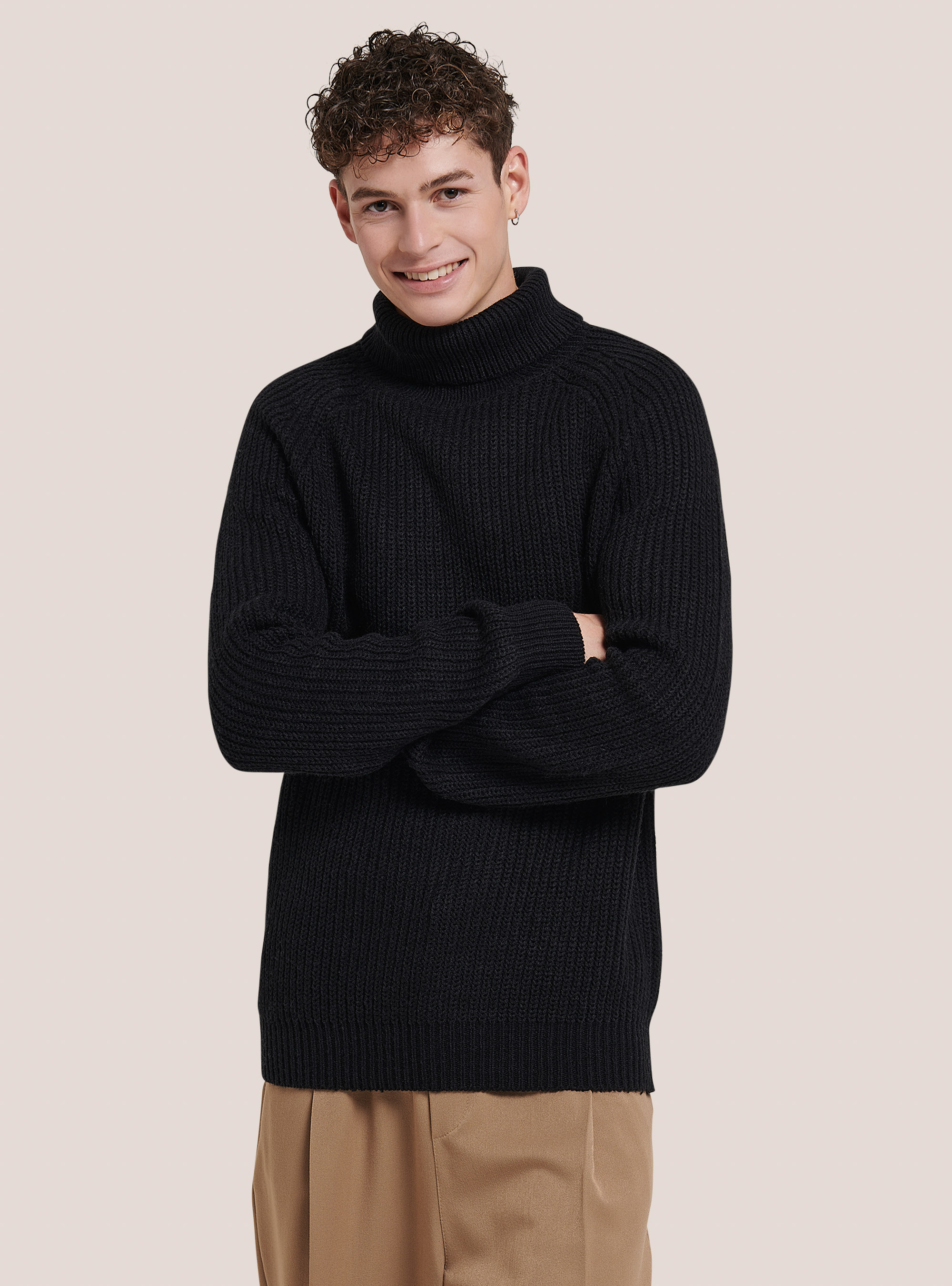 Pullover caldo collo alto a coste inglesi, BK1 BLACK