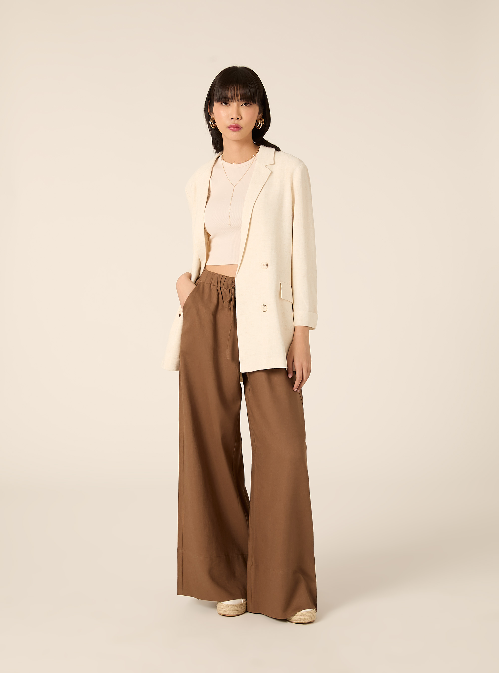 Blazer doppiopetto in misto lino, MBG3 BEIGE MEL LIGHT