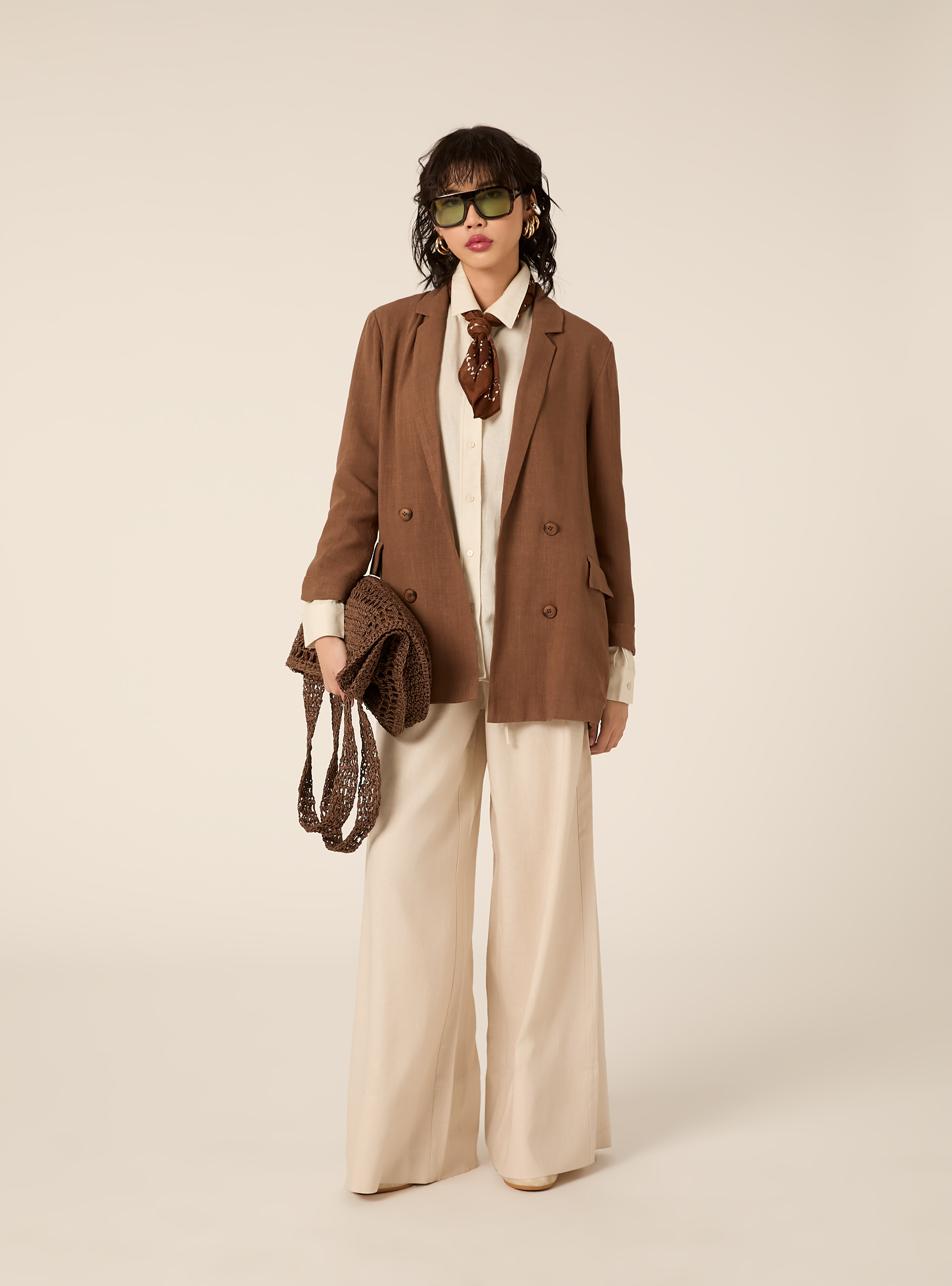 Blazer doppiopetto in misto lino, BR3 BROWN LIGHT