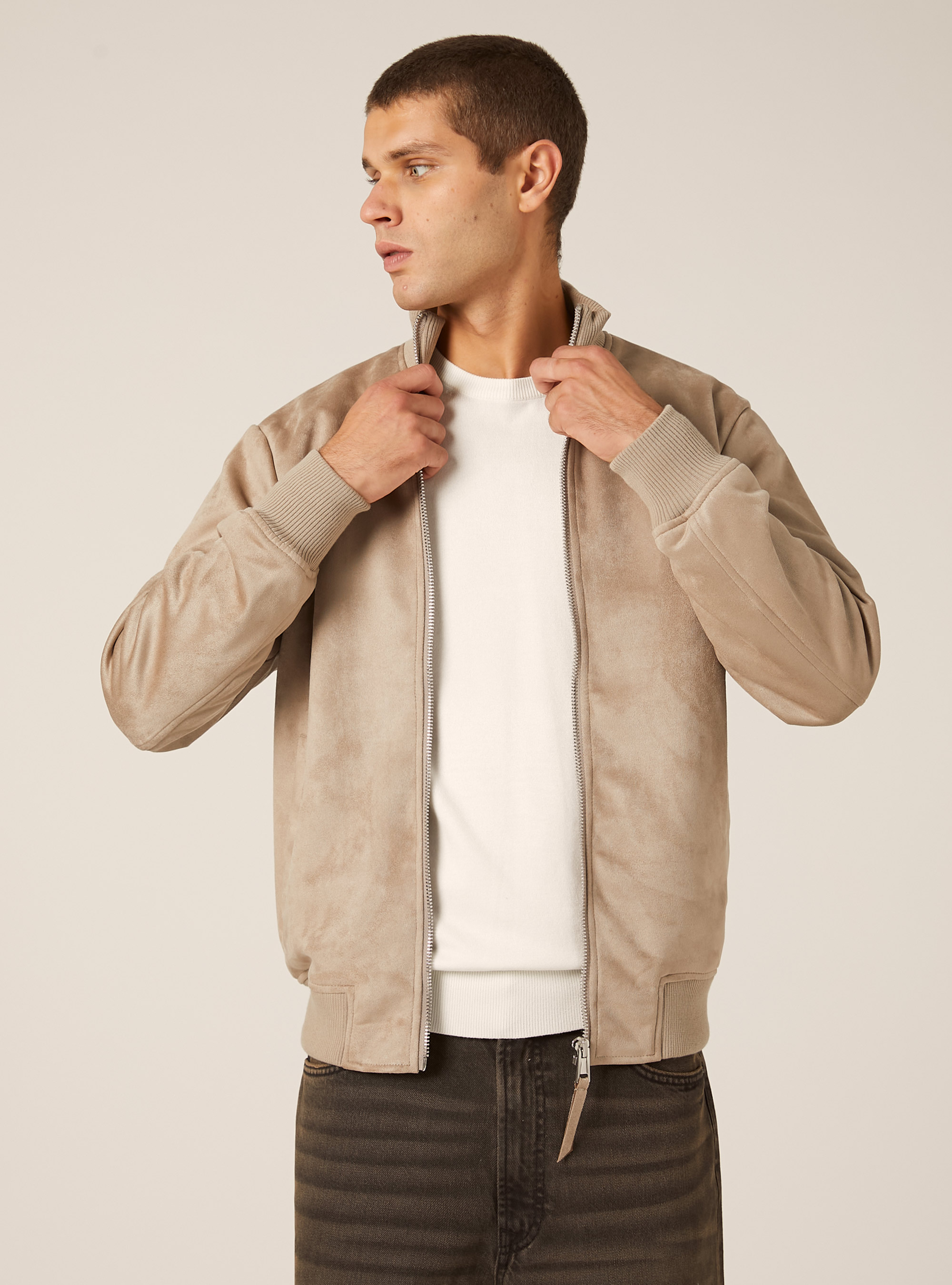 Suede-effect bomber jacket, SA2 SAND MEDIUM