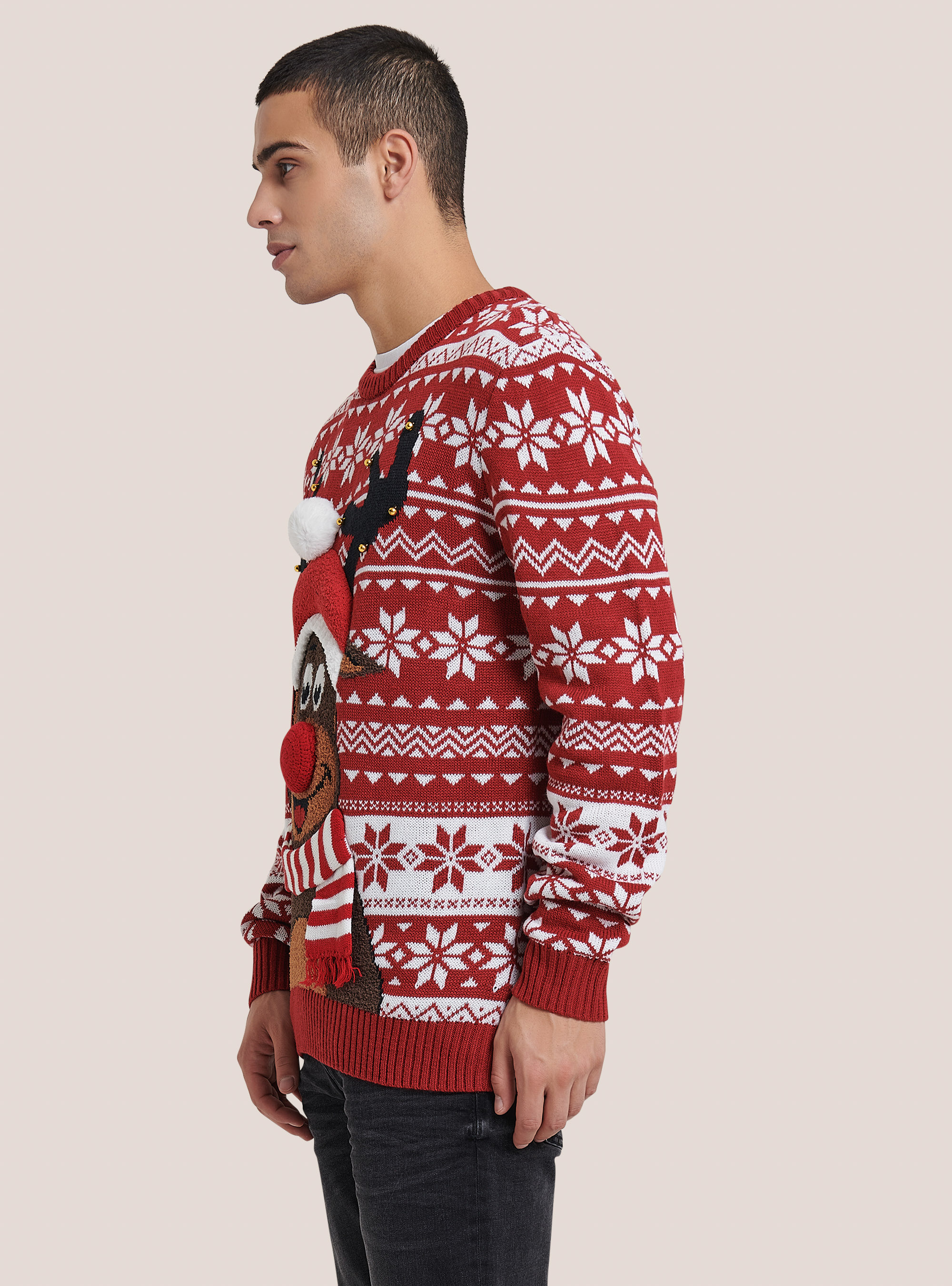 Jersey de Navidad con renos y cascabeles, ROJO