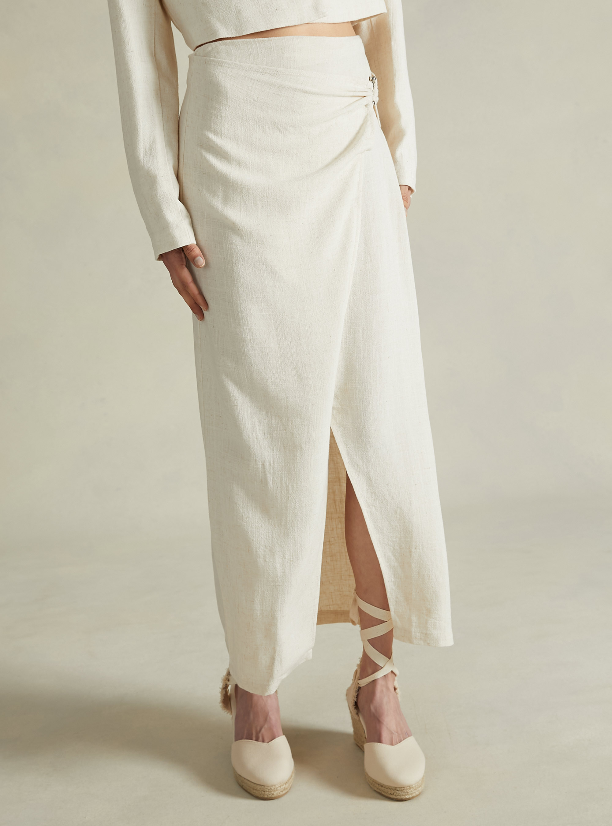 Asymmetric midi skirt in linen blend, MBG3 BEIGE MEL LIGHT