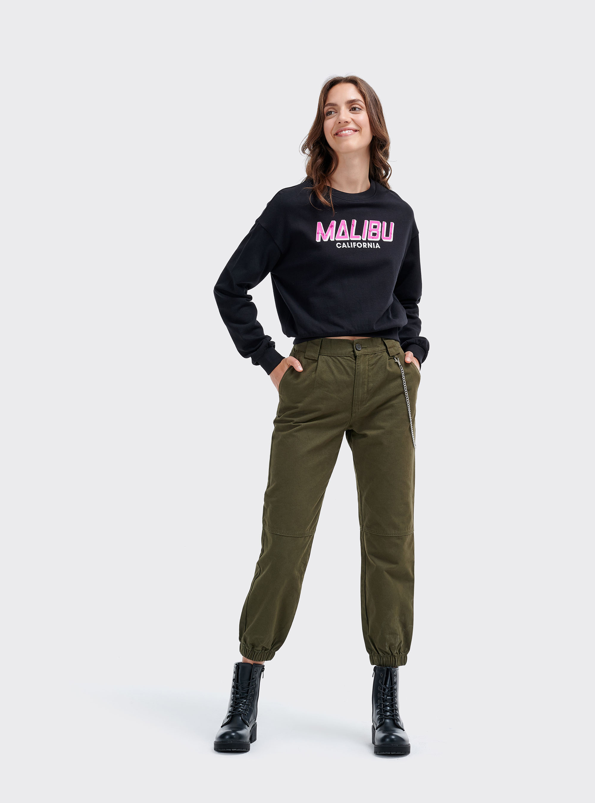 Pantaloni utility con catena laterale ed elastico alle caviglie, KAKI