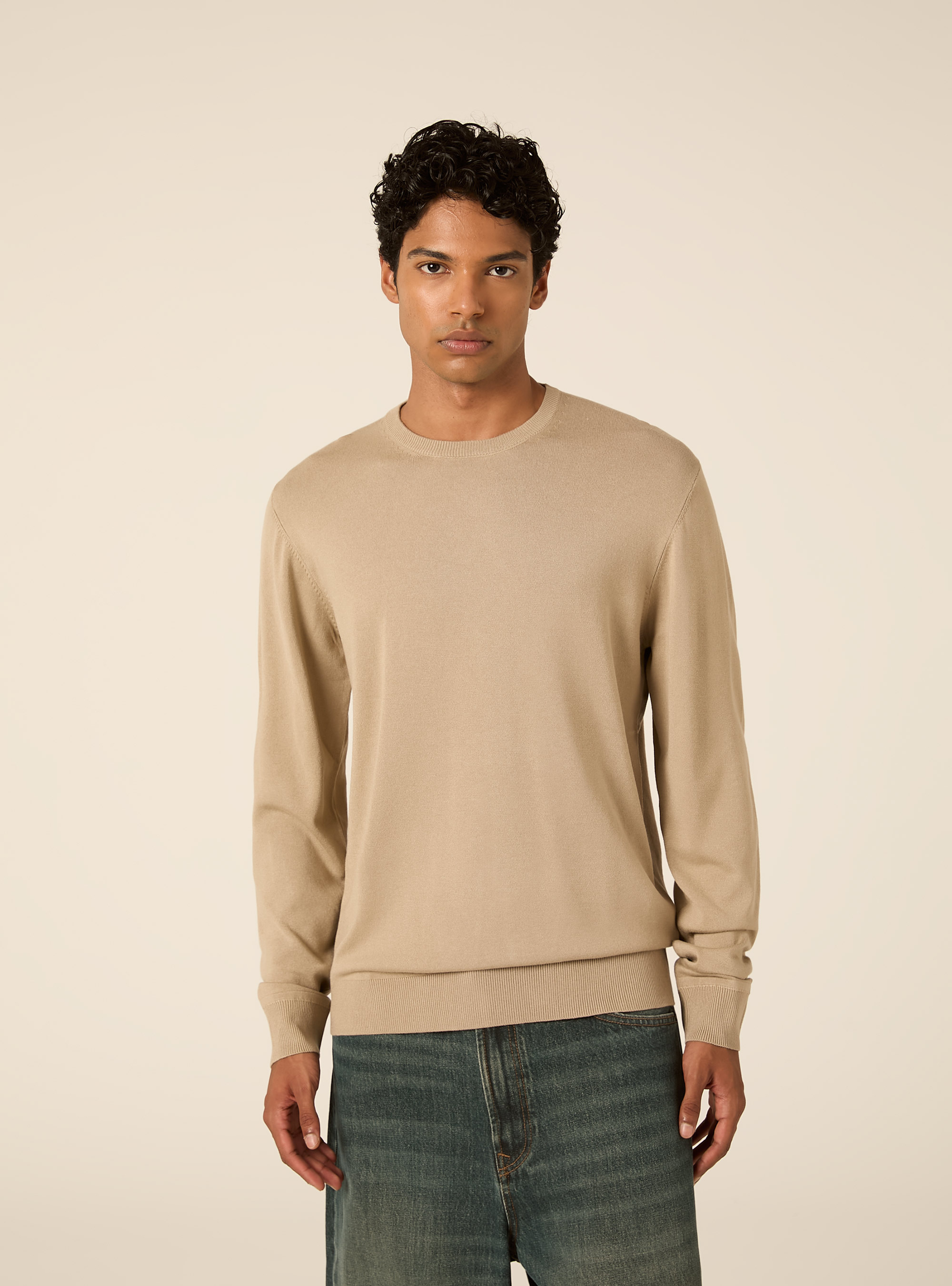 Pullover girocollo in viscosa, BEIGE MEDIO