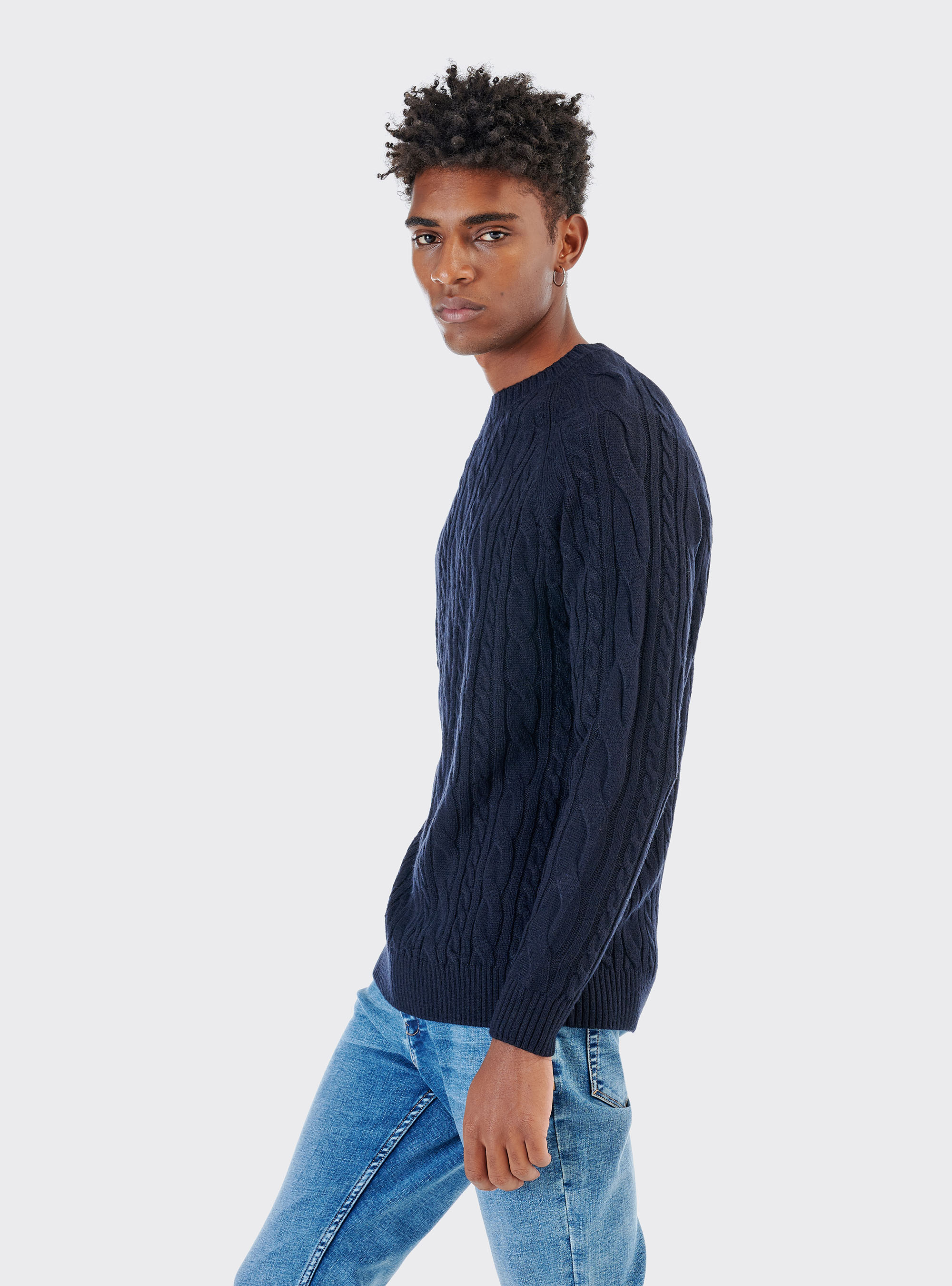 Pullover in misto lana con lavorazione a trecce, BLU MARINO