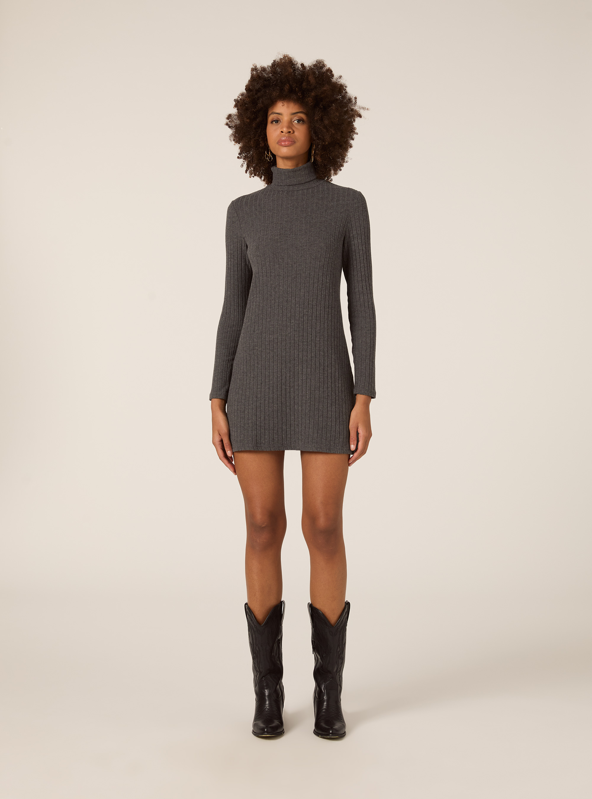 SHORT DRESS WITH HIGH RIBBED COLLAR, GREY MELANGE