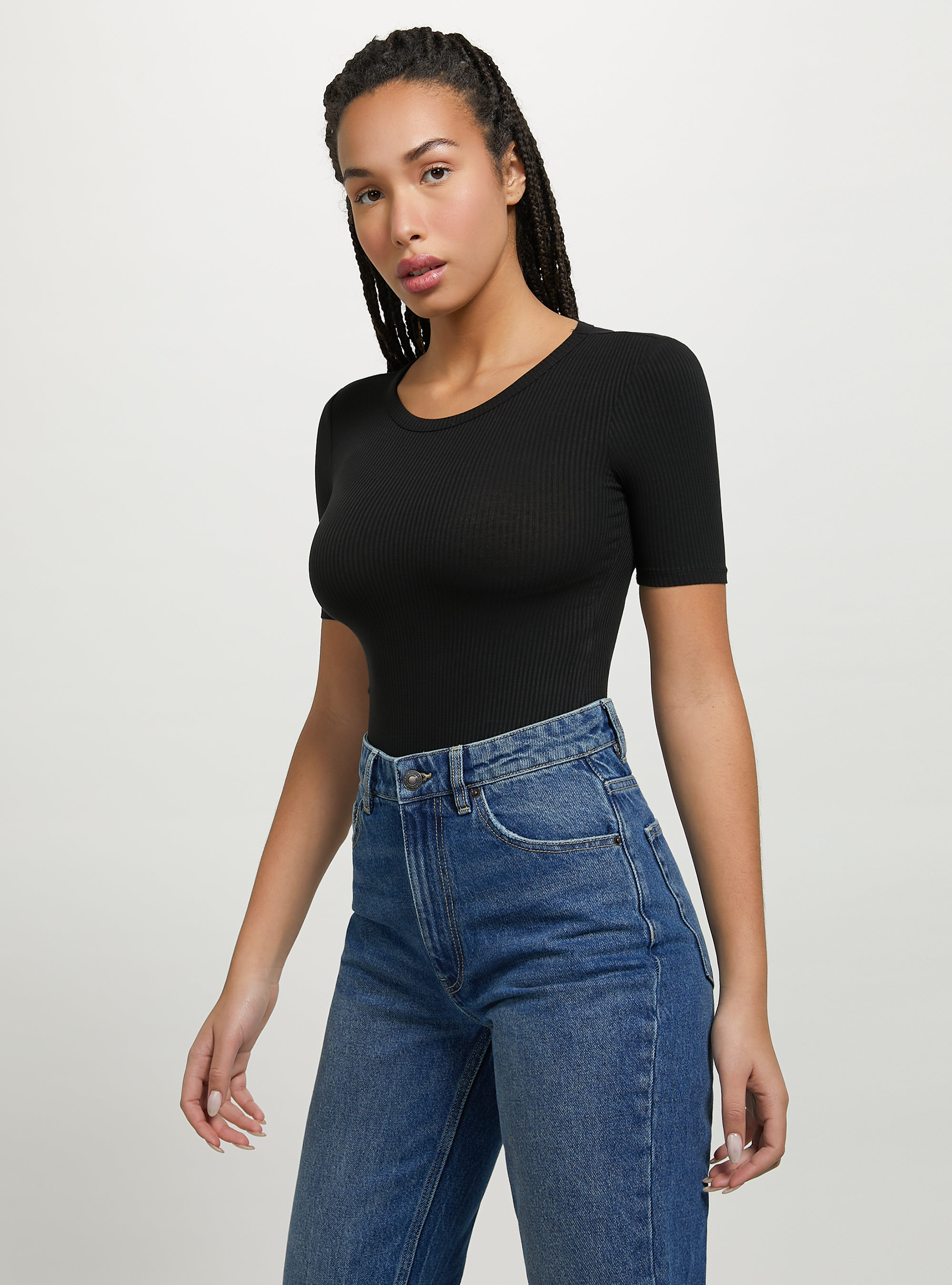 Ribbed short-sleeved bodysuit, BK1 BLACK