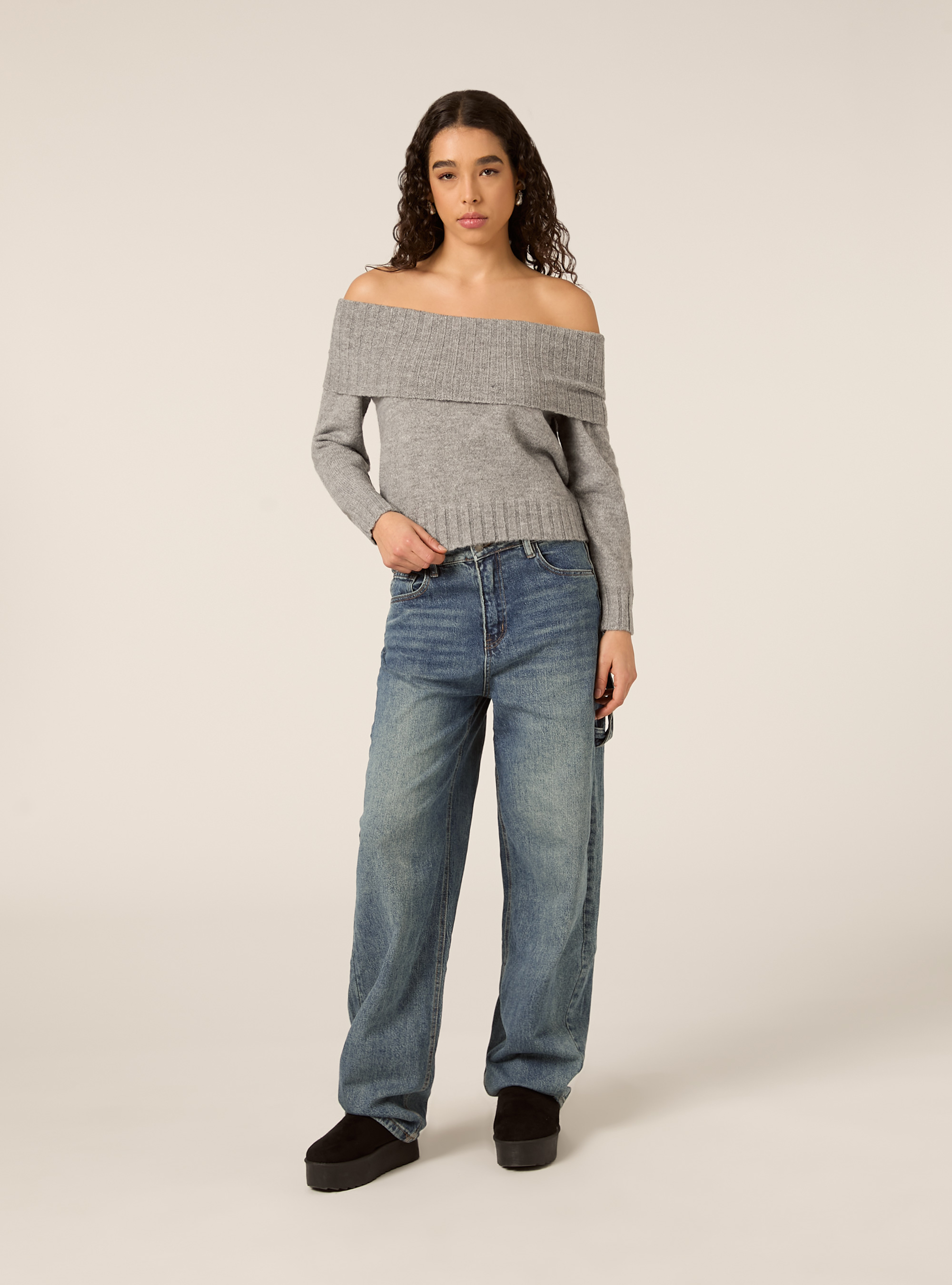 Maglia con spalle scoperte bardot, MGY2 GREY MEL MEDIUM