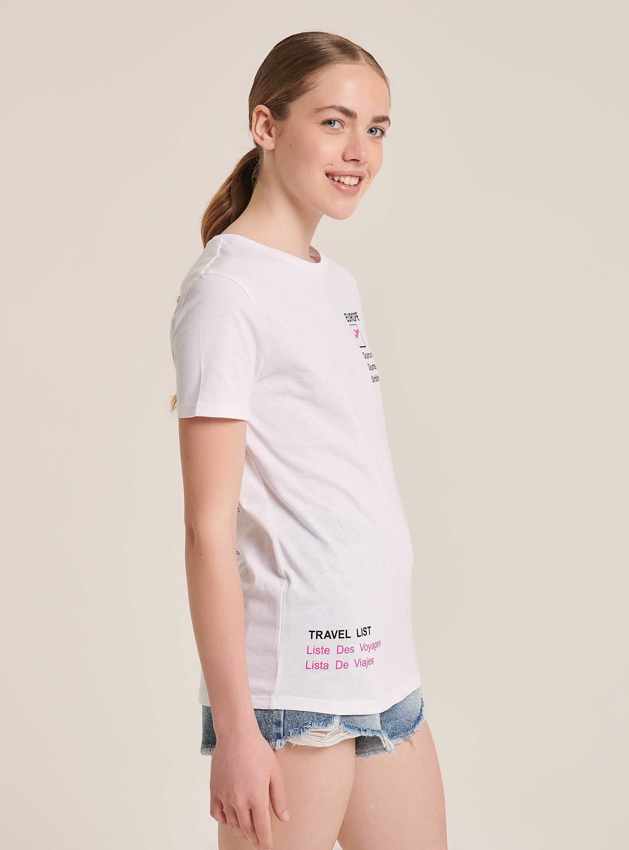 Maglietta girocollo con stampa lettering front e retro, WHITE