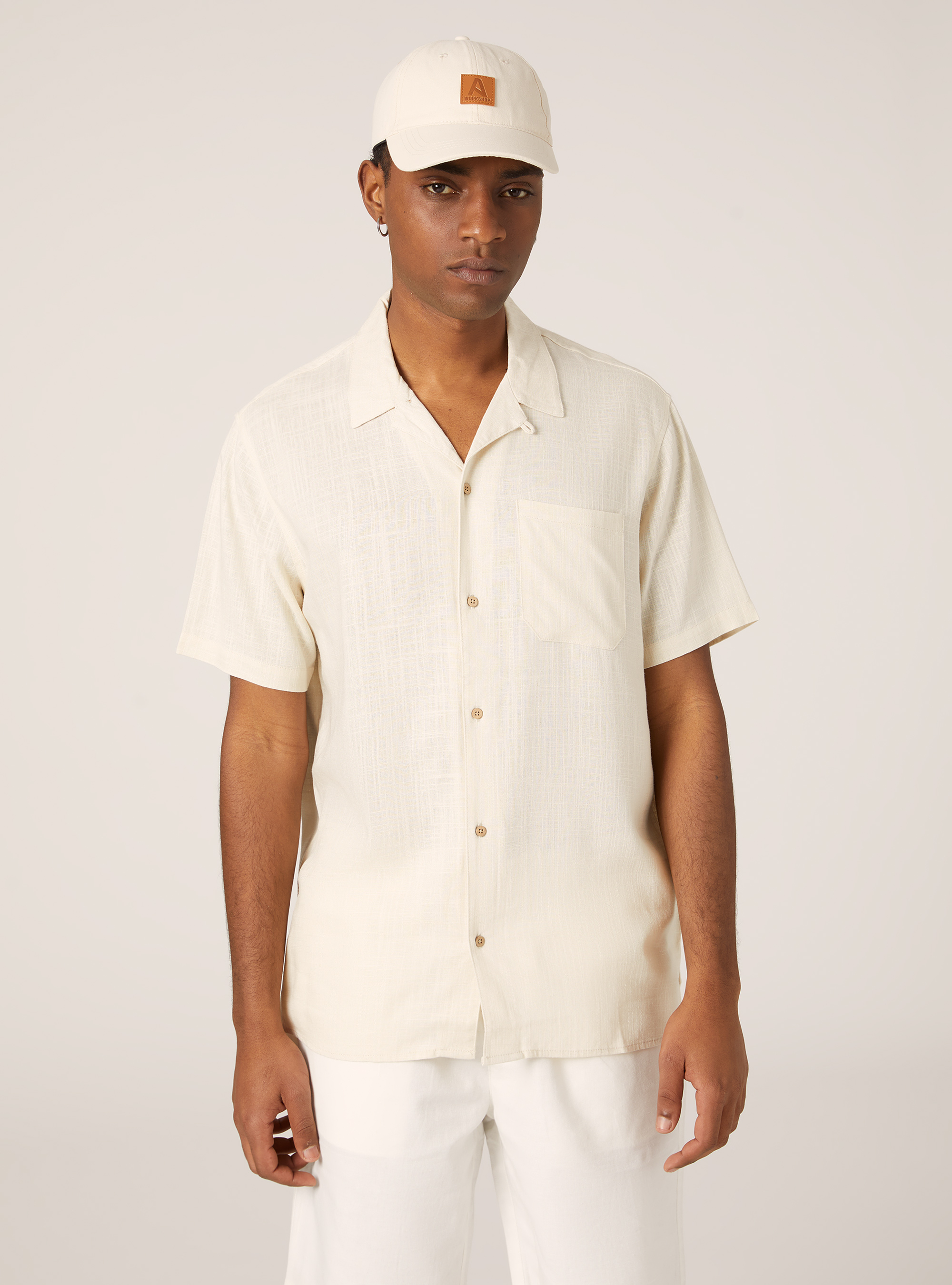 Linen blend shirt with bowling collar, BG3 BEIGE LIGHT