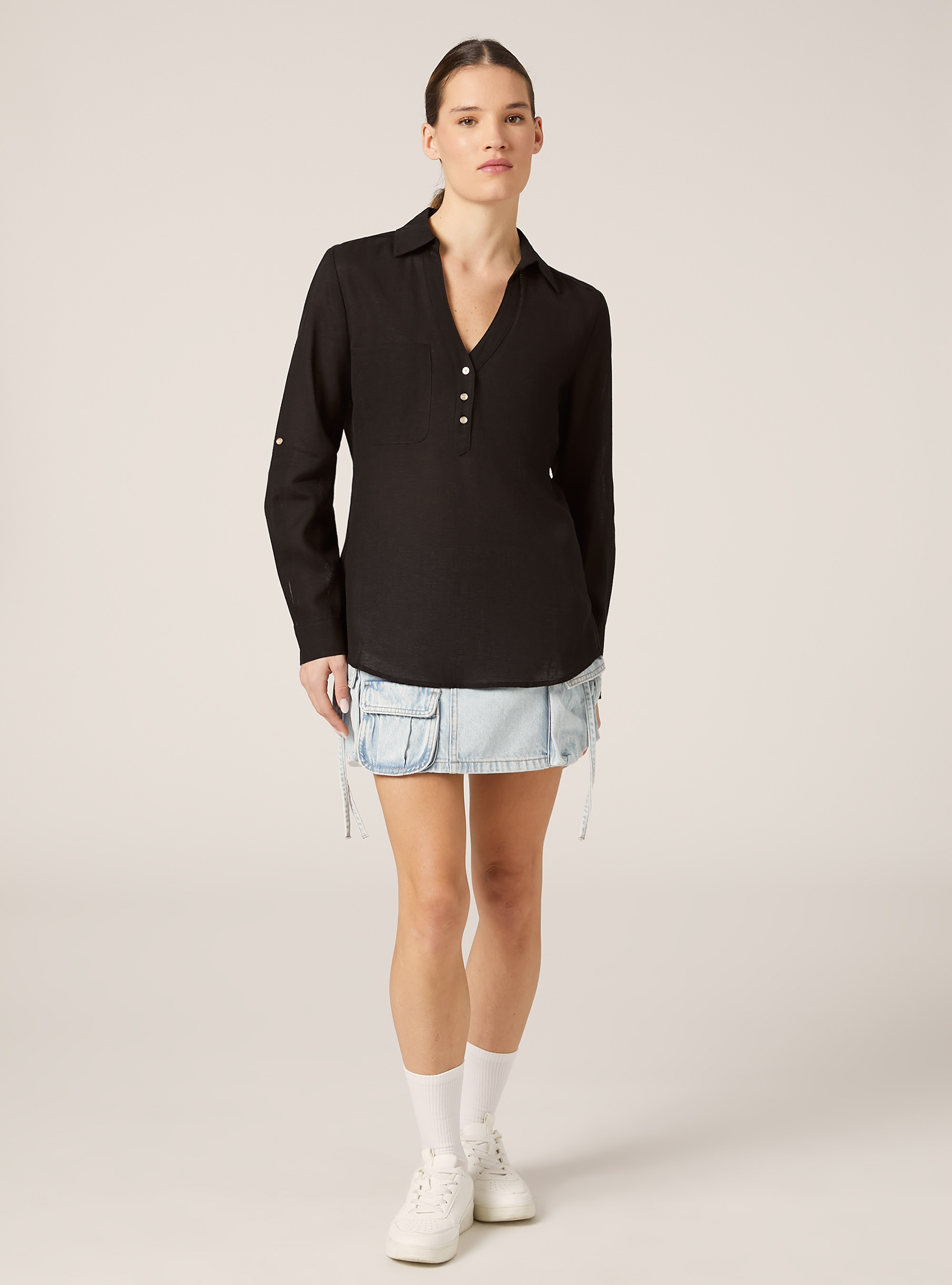 Linen blend blouse, BK1 BLACK