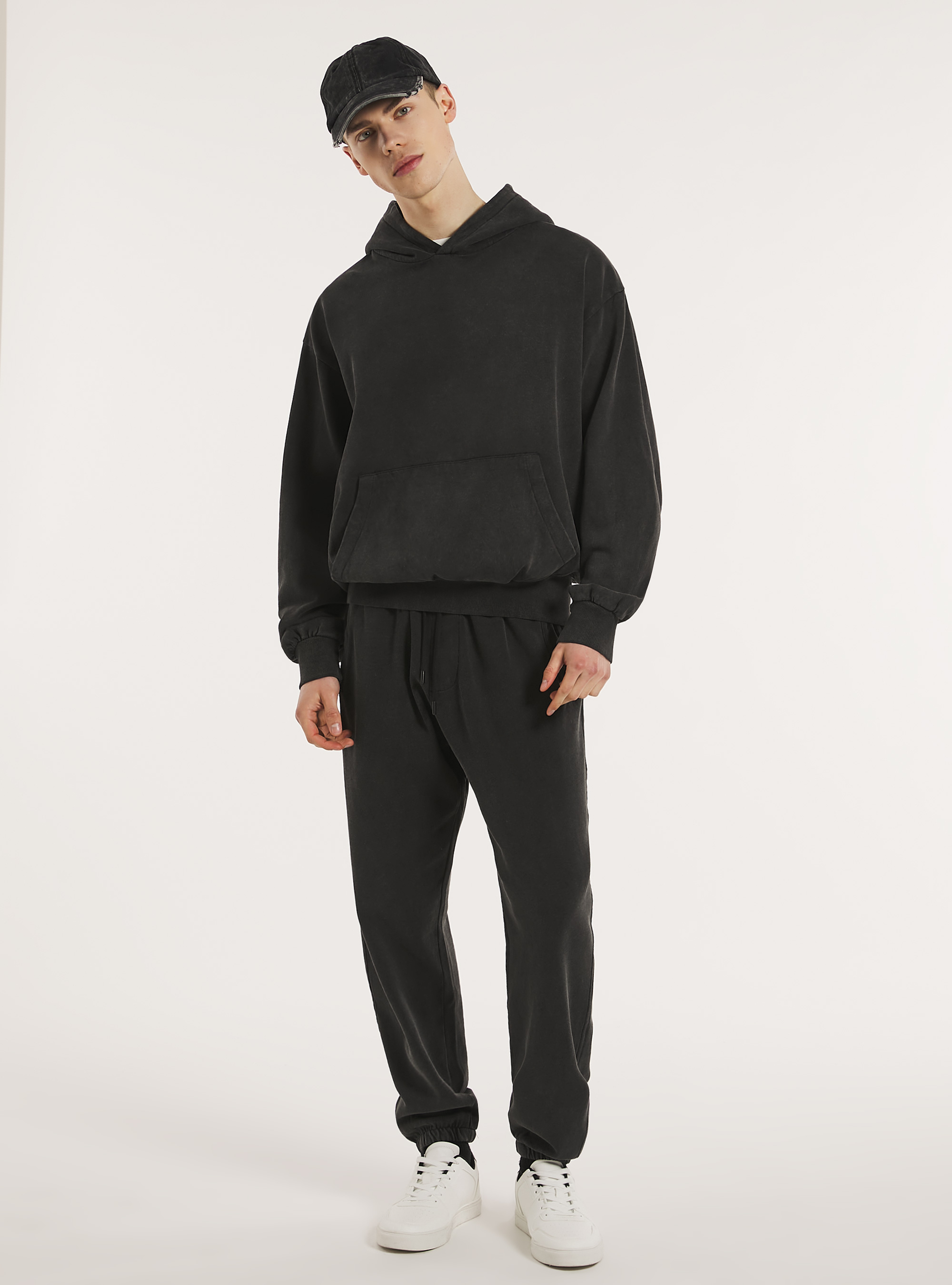 Washed-out effect fleece jogger, BK1 BLACK