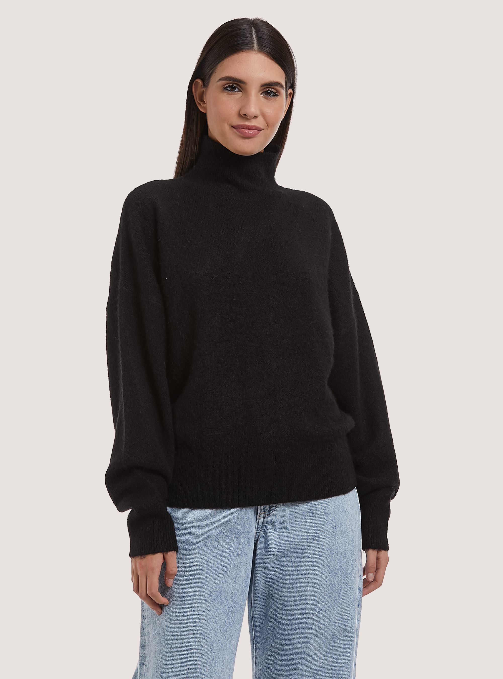 Pullover morbido collo alto comfort fit, BK1 BLACK