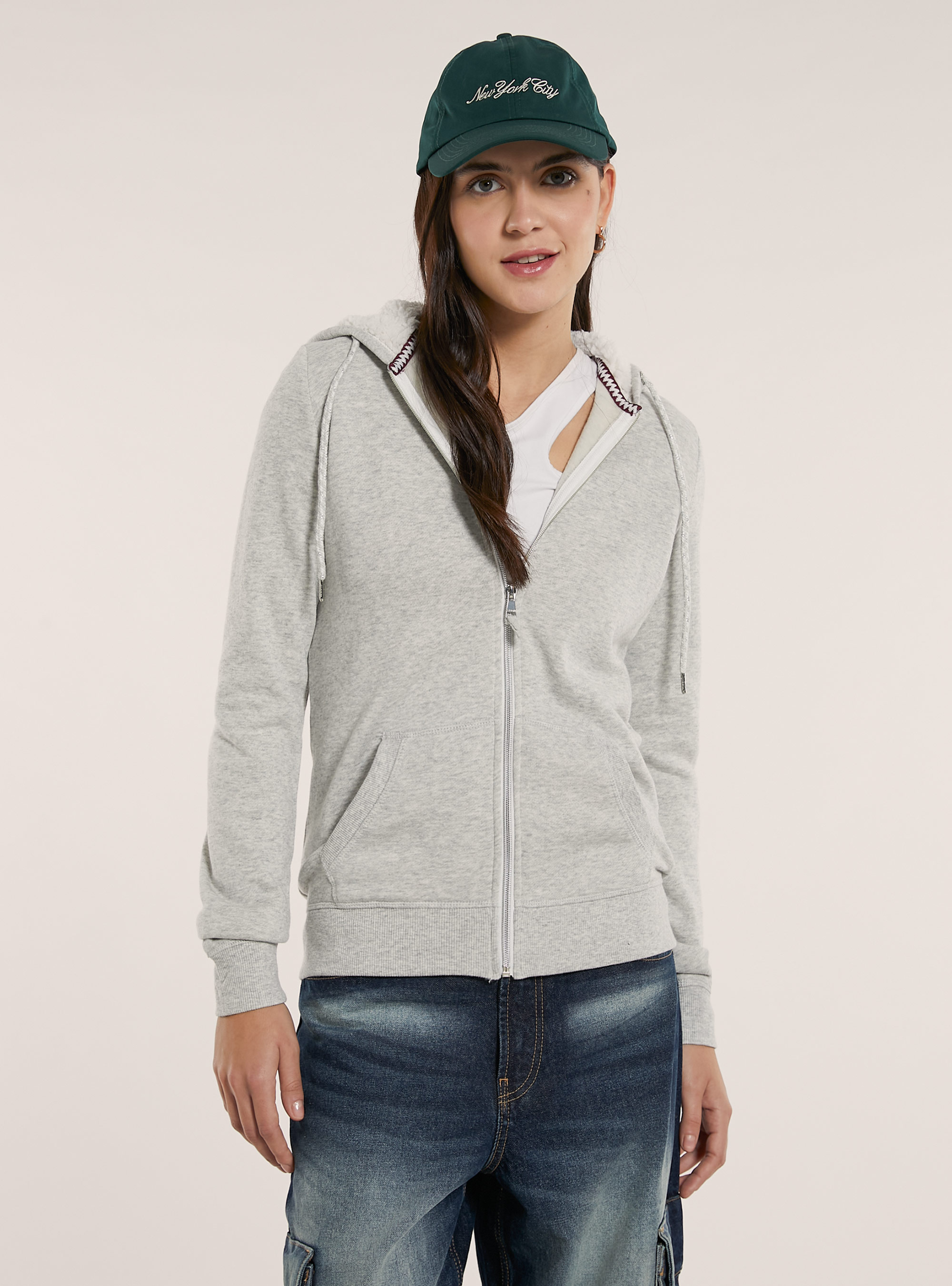 Sweat-shirt avec fermeture éclair et capuche en fausse fourrure, C0006 ICE MELANGE