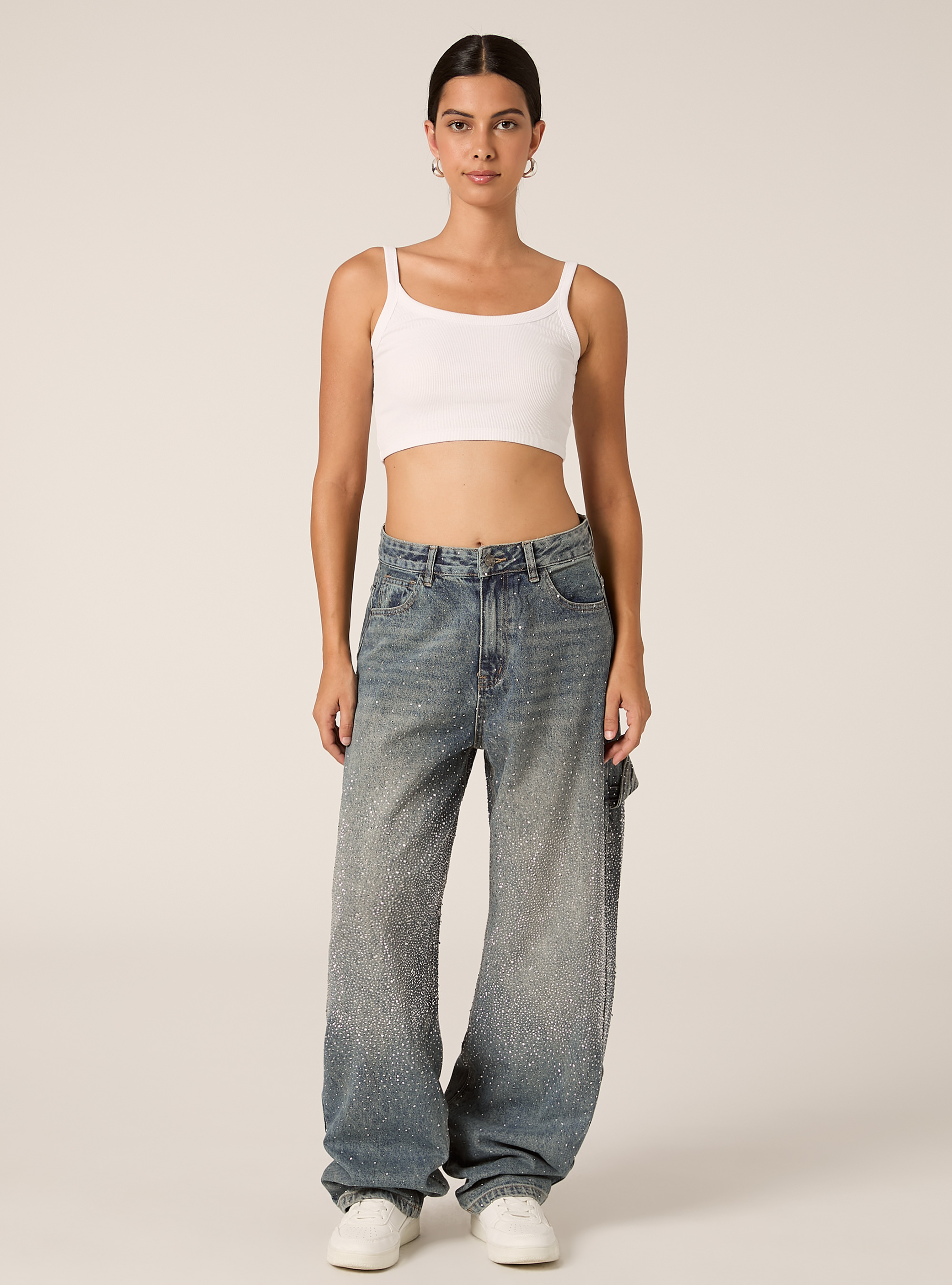 Baggy carpenter jeans with strass, D003 MEDIUM BLUE