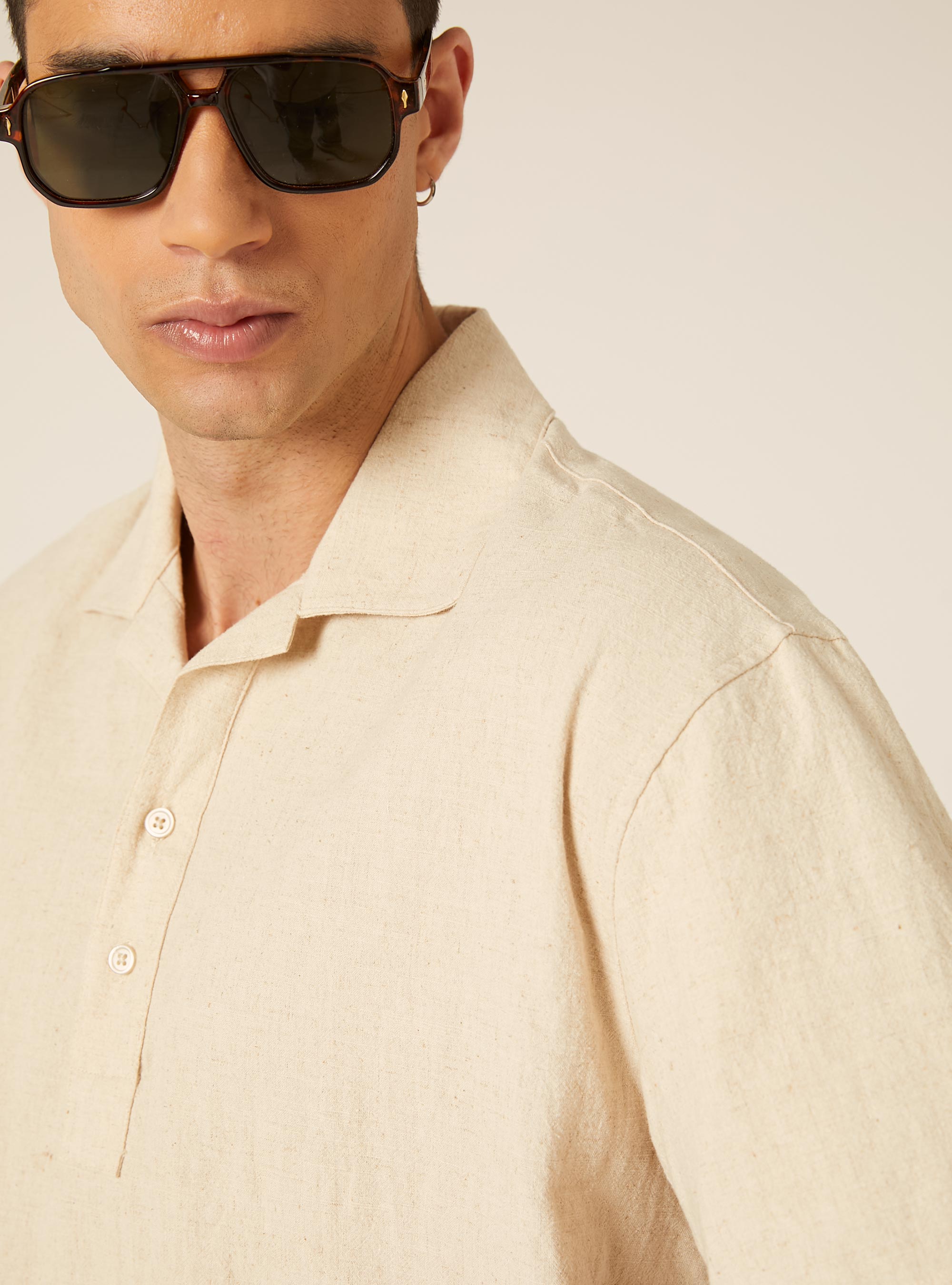 Polo Camisero de Mezcla de Lino, MBG2 BEIGE MEL MED