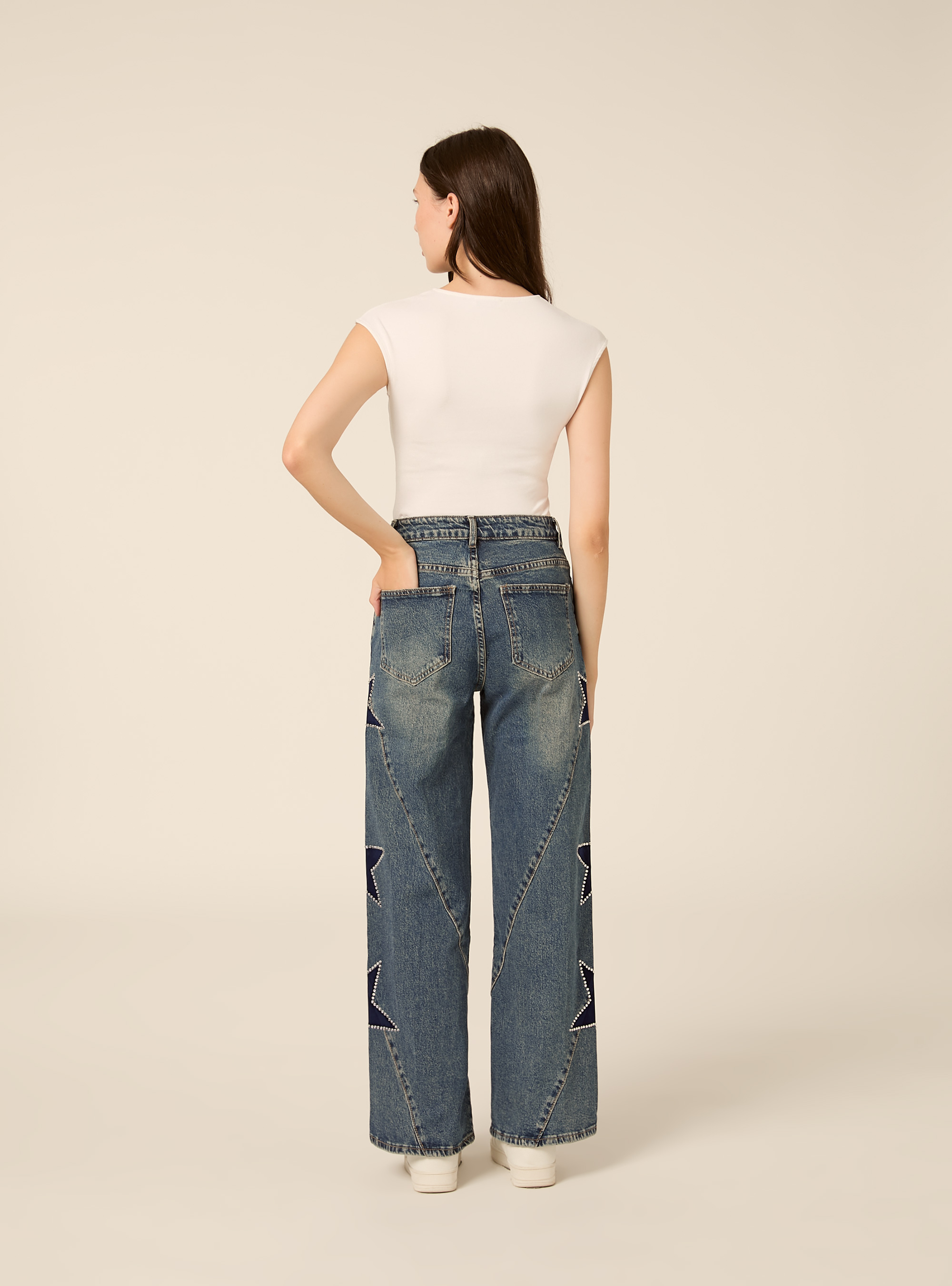 Jeans straight fit con stelle e strass, D002 MEDIUM DARK BLUE