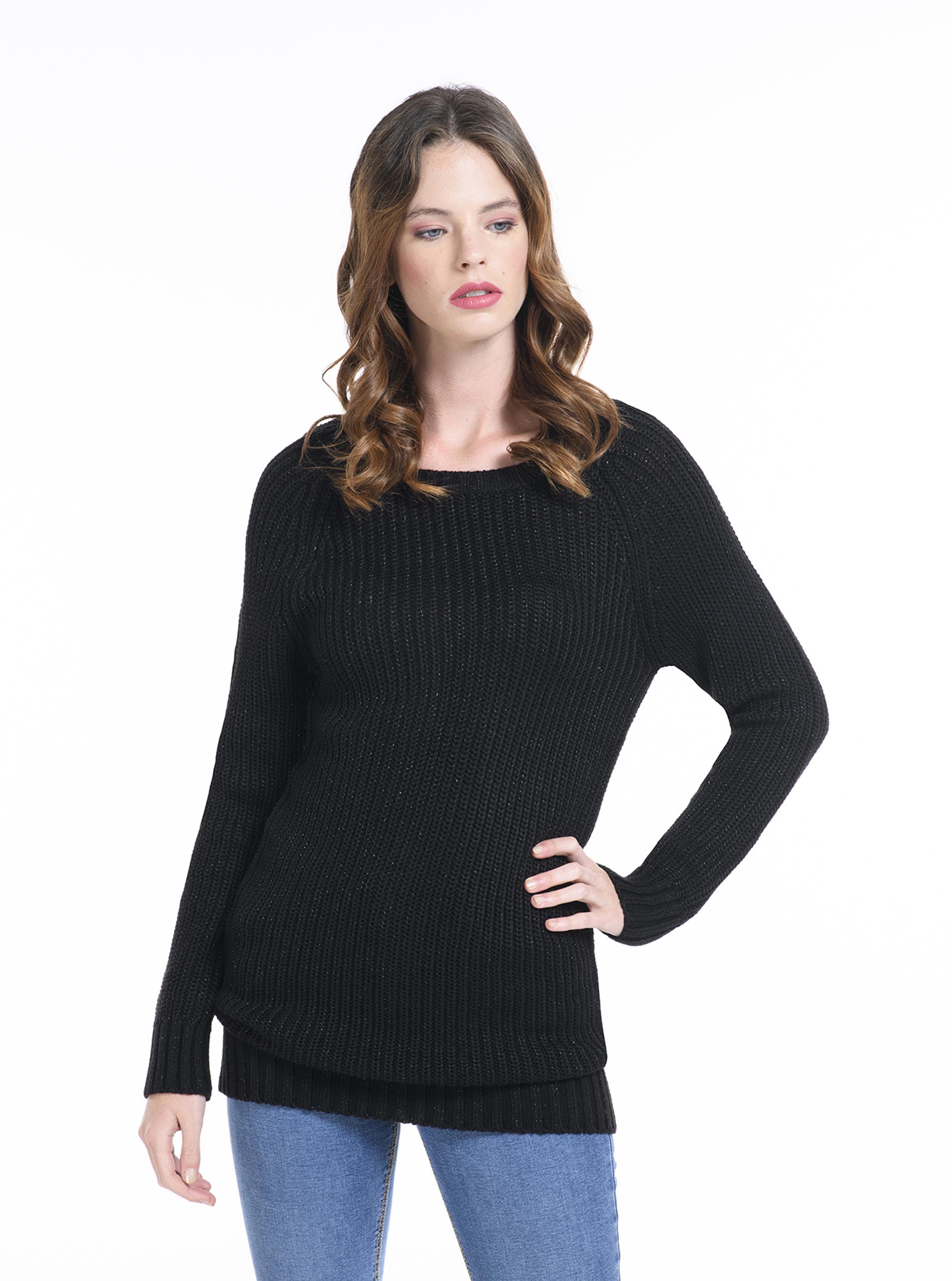Pullover a coste con lurex, C101 BLACK