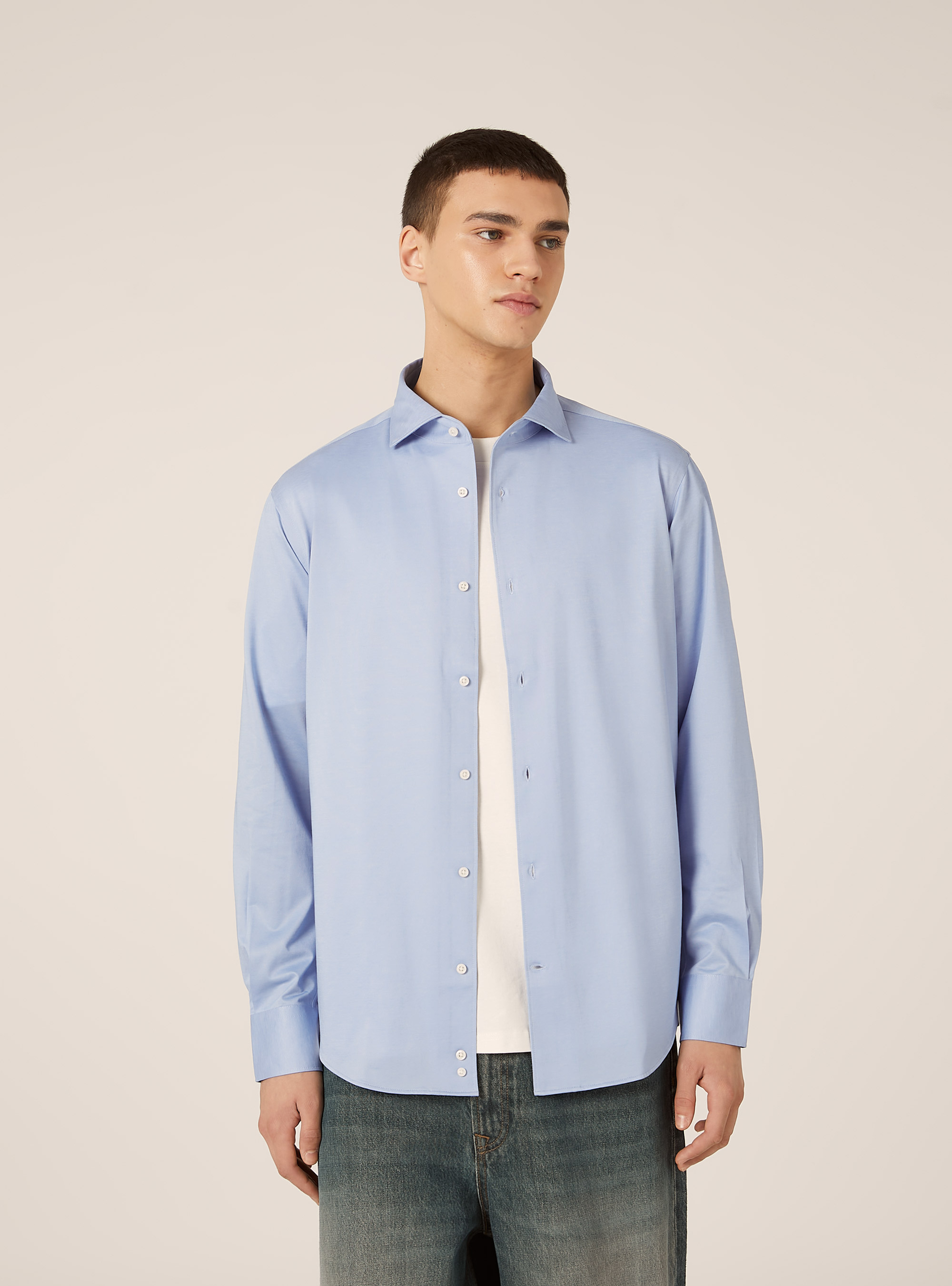 Camicia in jersey in misto cotone, MAZ3 AZURE MEL LIGHT