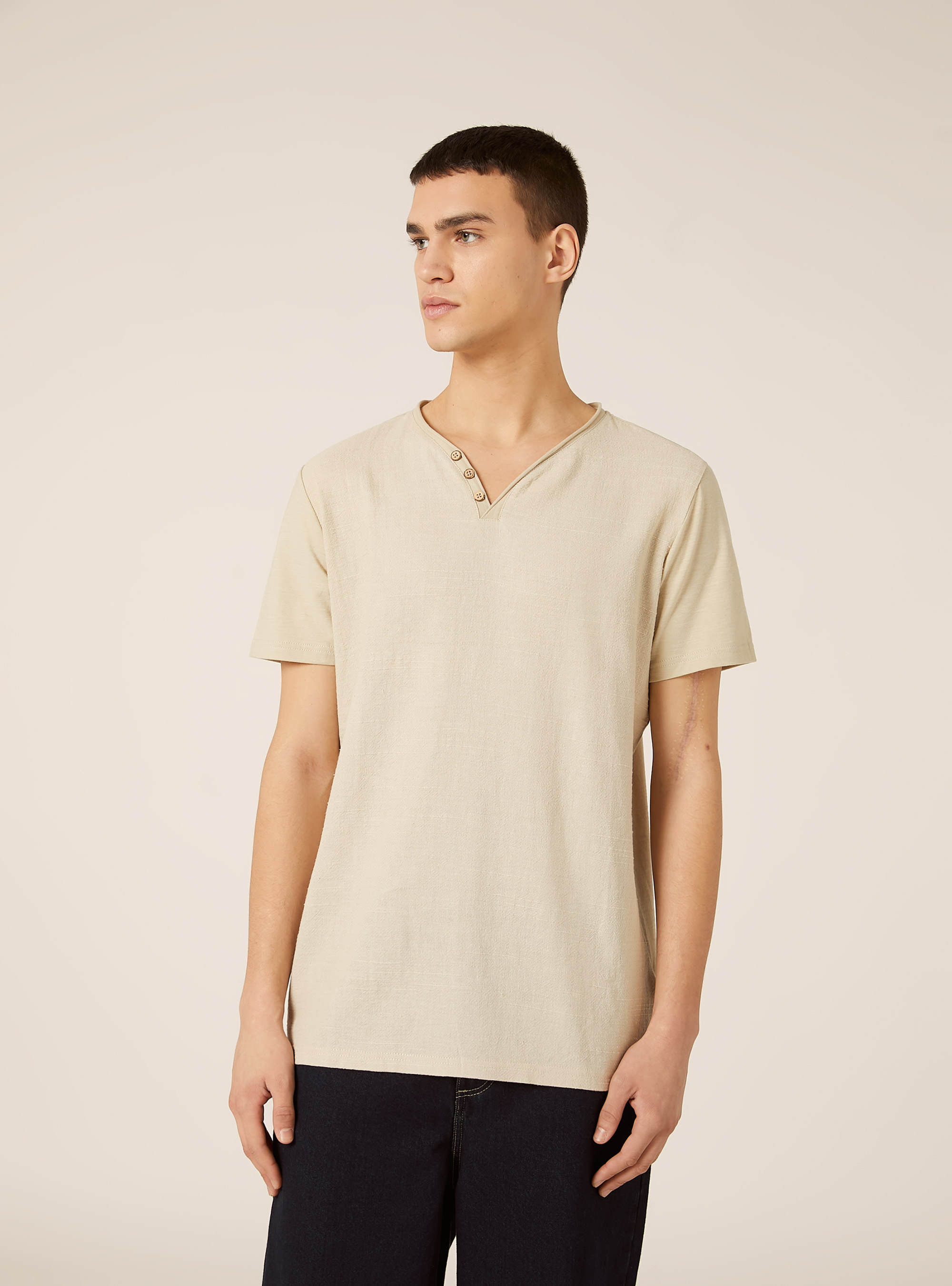 V-neck linen blend T-shirt, BG3 BEIGE LIGHT