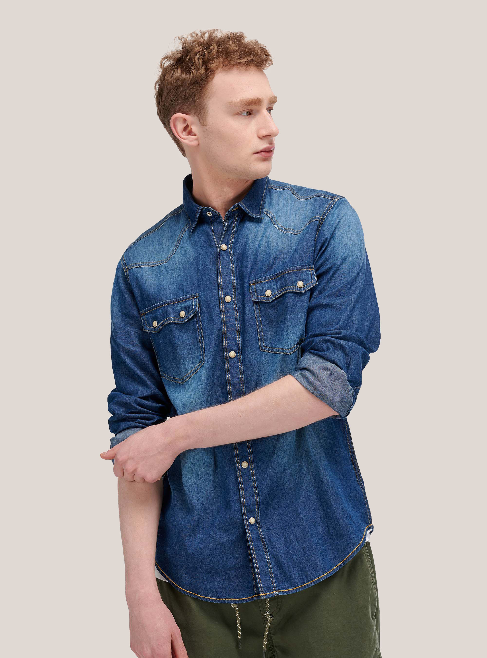 Denim shirt with long sleeves, BLUE NAVY