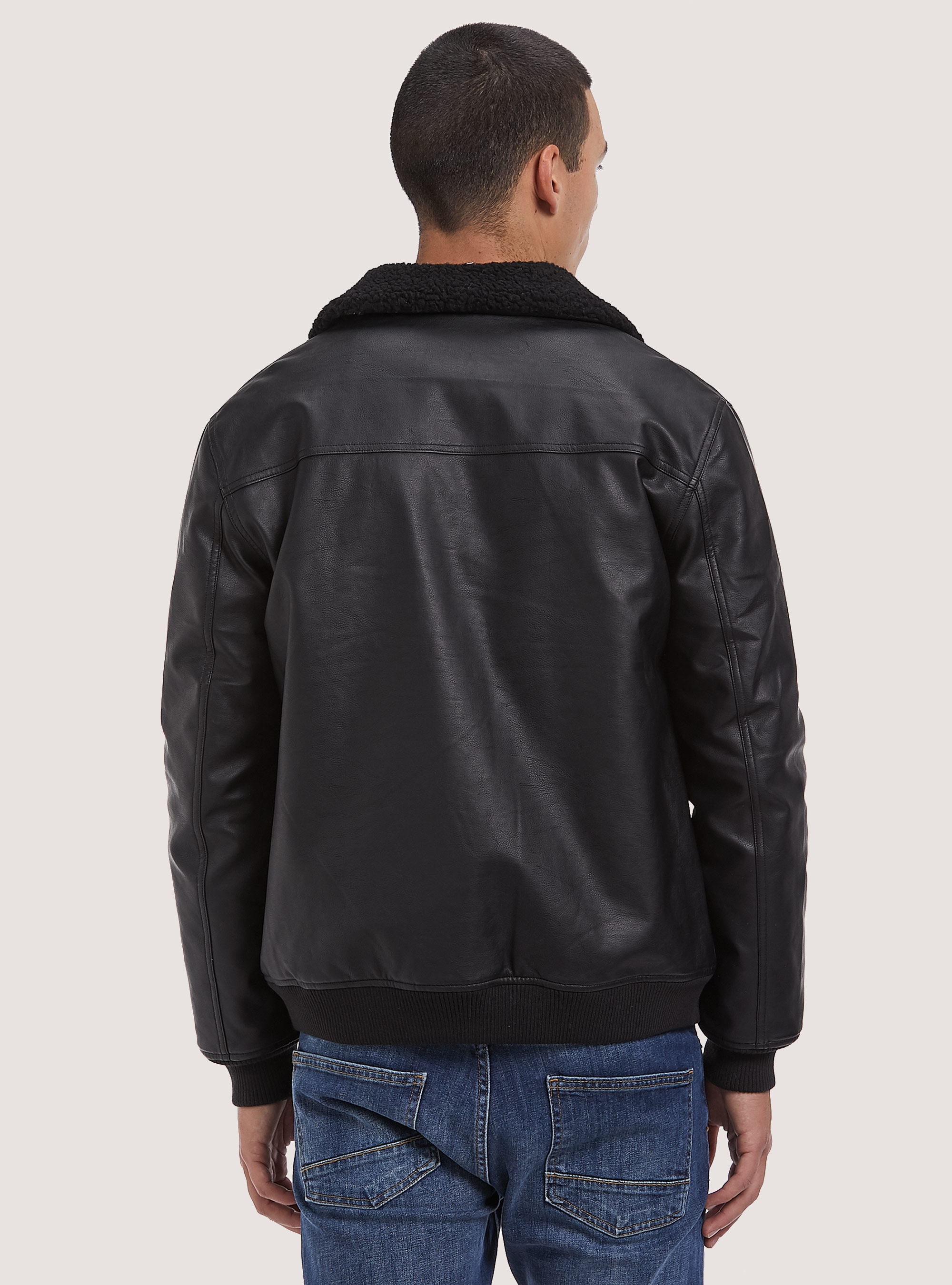 Cazadora efecto piel con cuello de borreguillo, NEGRO