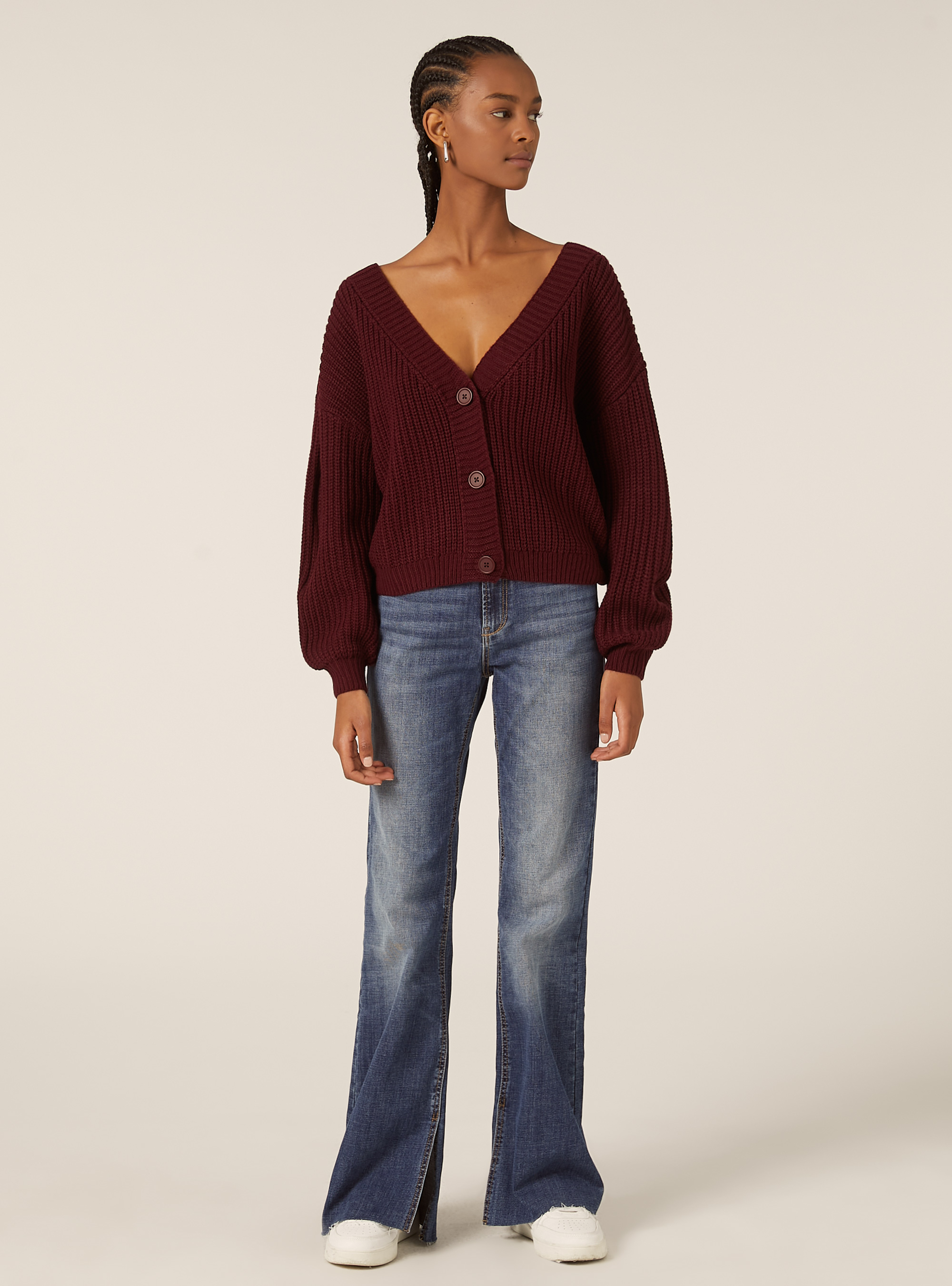 Knitted cardigan with V-neck, BO1 BORDEAUX DARK