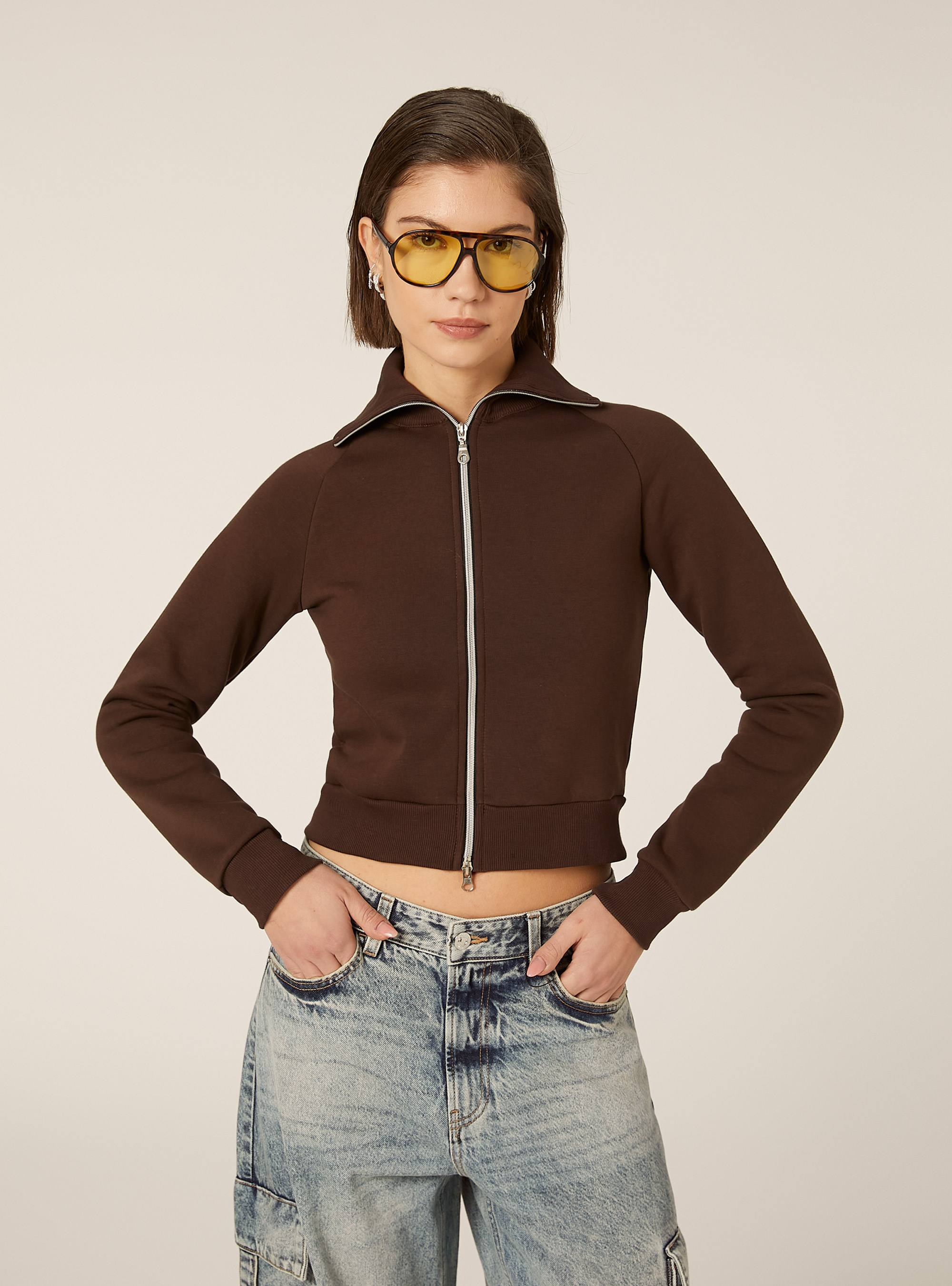 Sudadera con cremallera y cuello con solapa, BR1 BROWN DARK