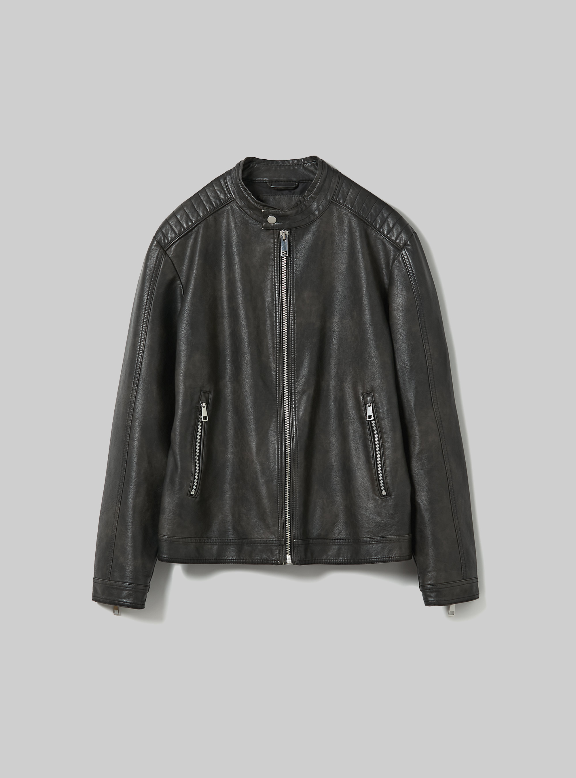 Worn leather effect biker jacket, BK1 BLACK
