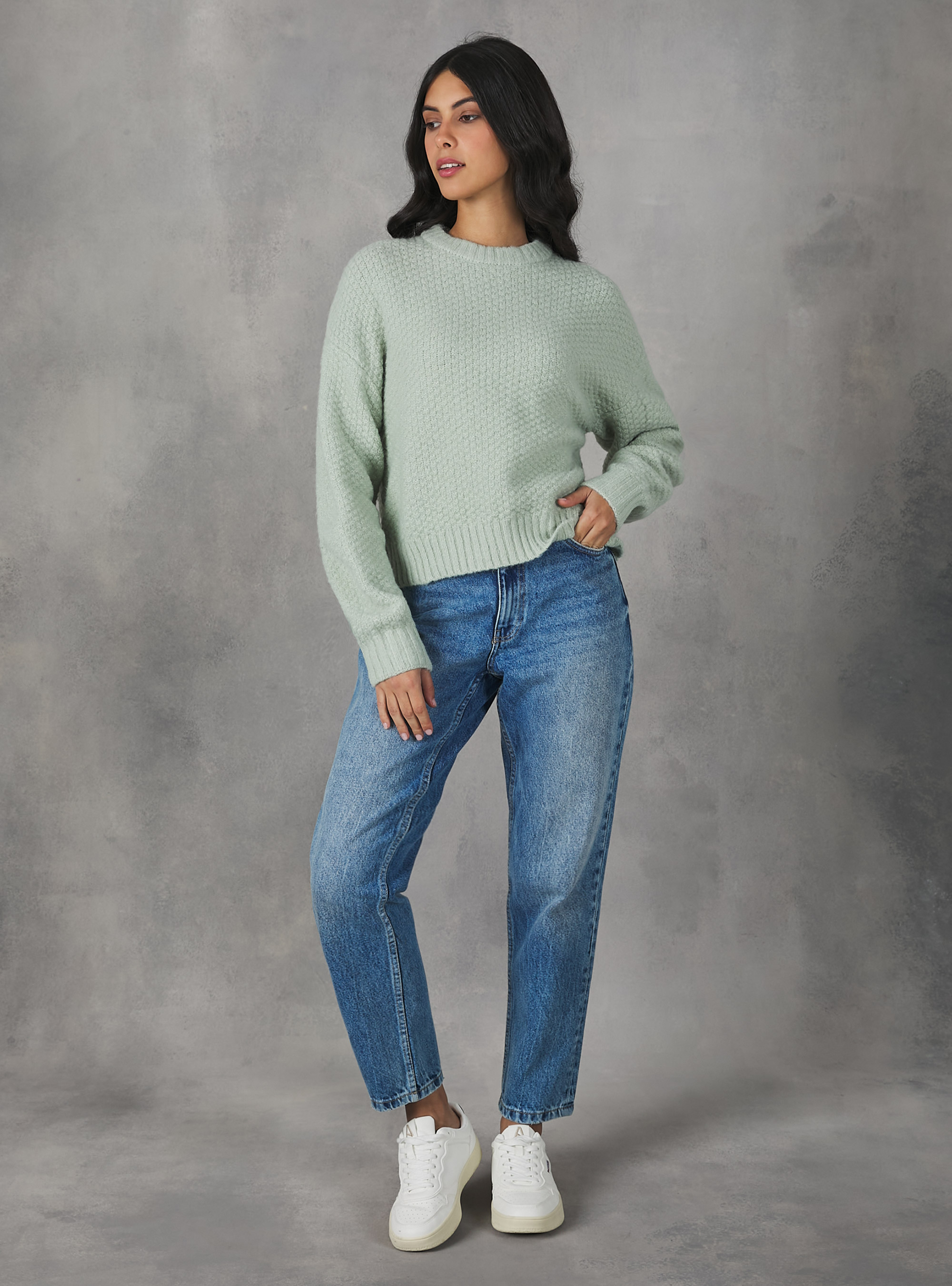 Pullover girocollo punto pop corn, C6585 GREEN