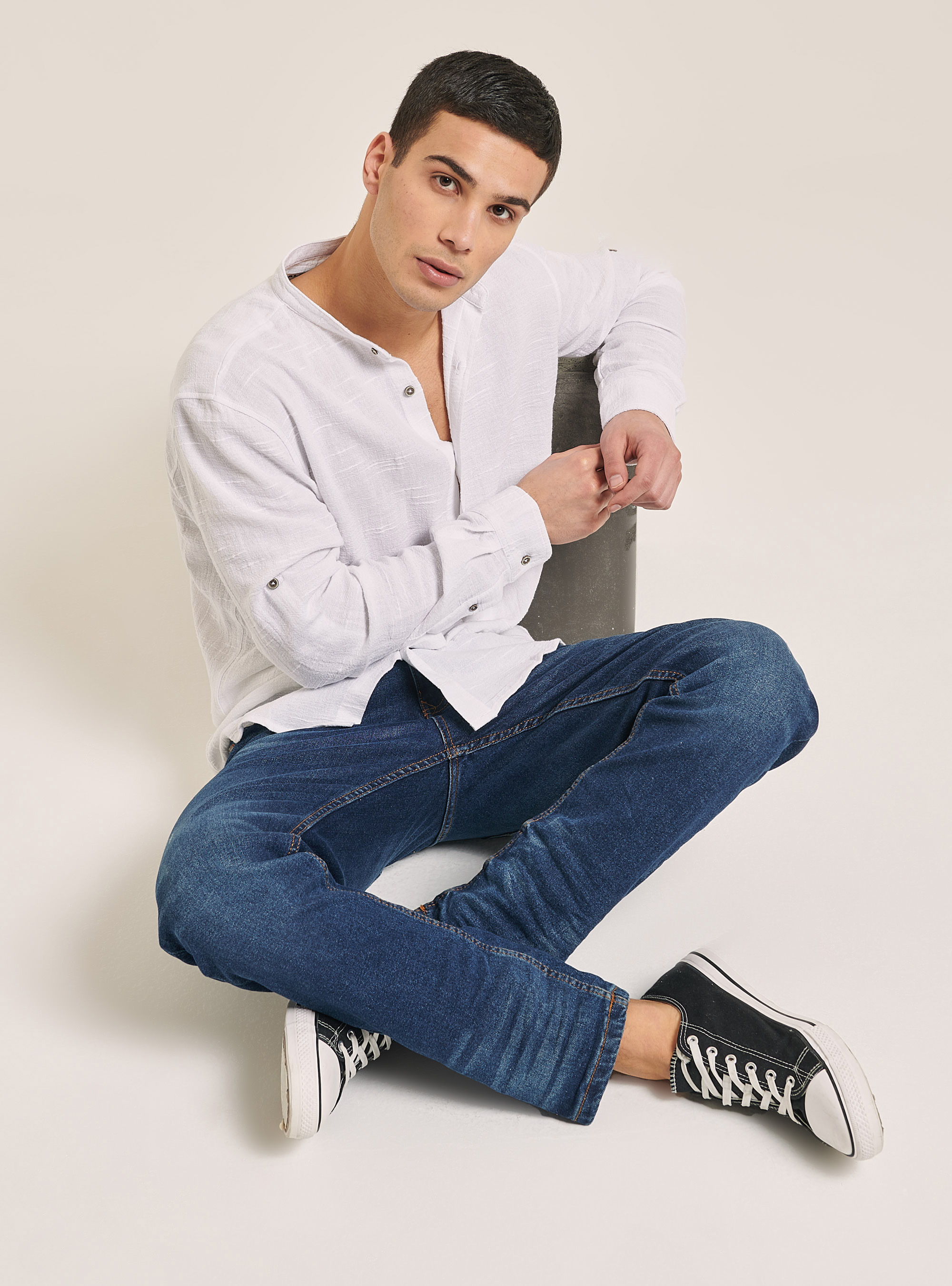 Chemise en lin mélangé avec col coréen, C099 WHITE