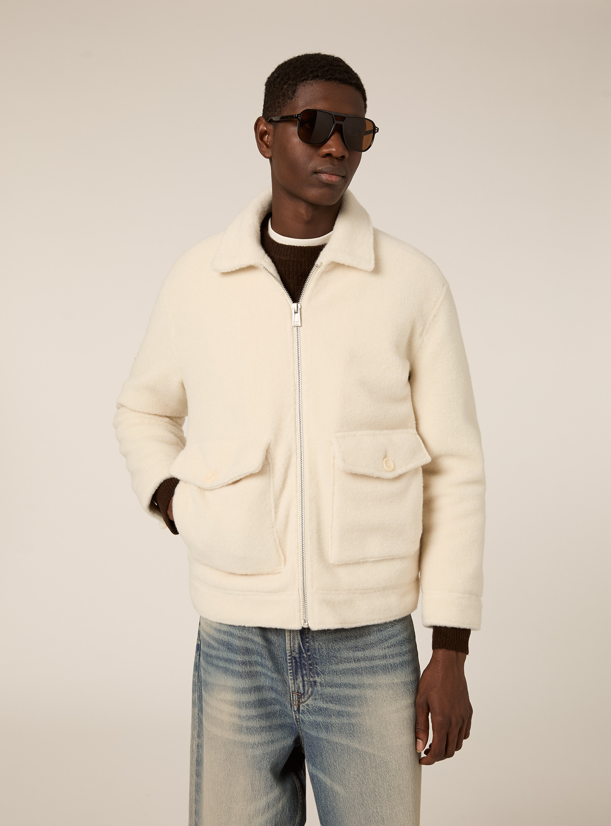 Bomber con collo camicia n melton, WH1 OFF WHITE