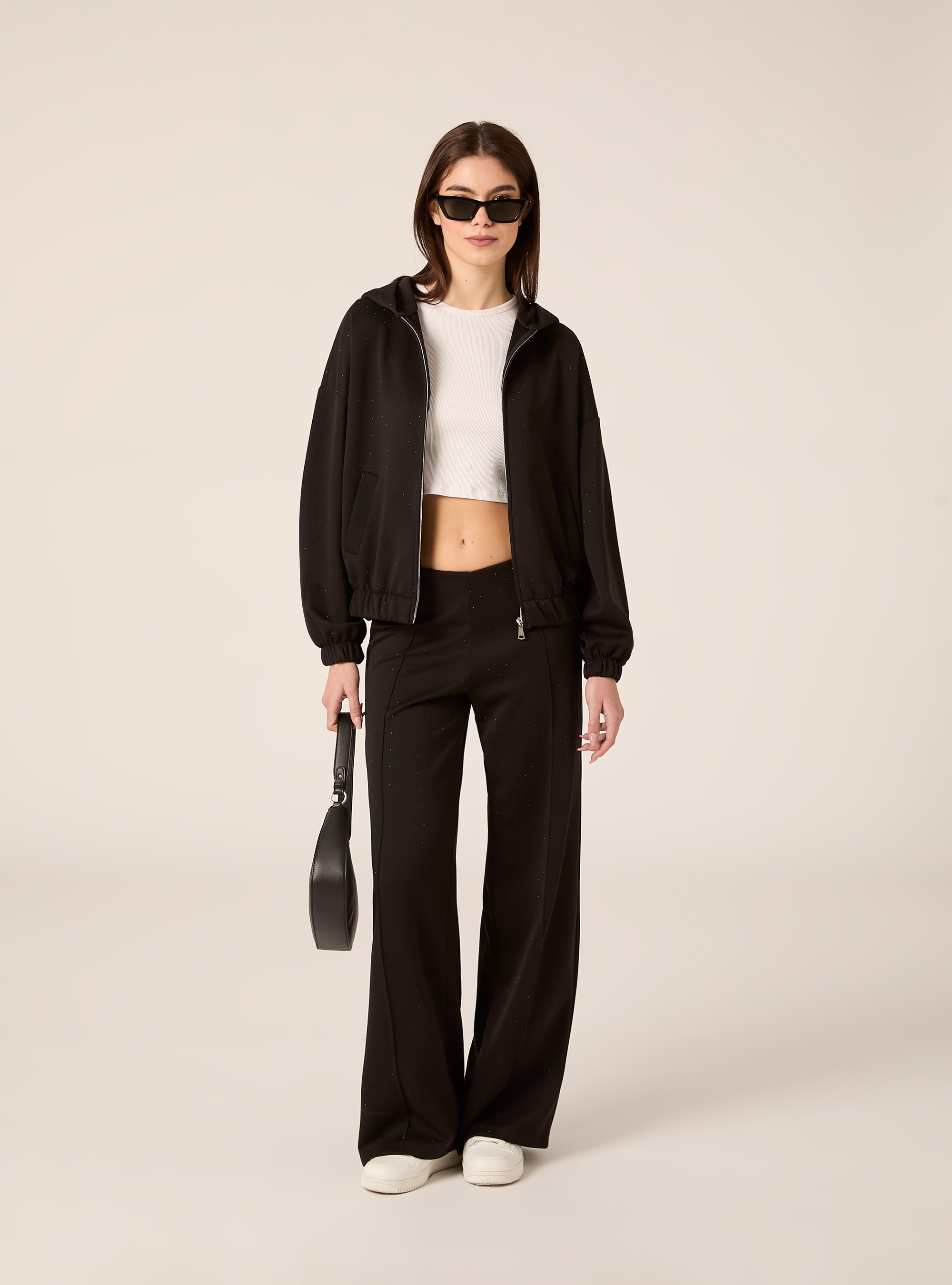 Cardigan felpa in scuba boxy fit con strass, BK1 BLACK