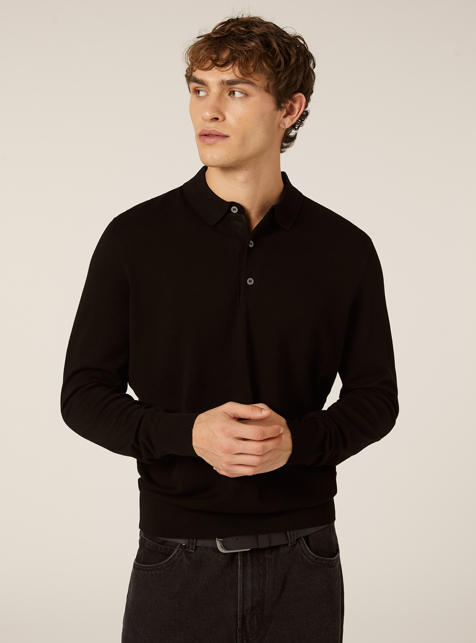 Polo de punto de manga larga, BK1 BLACK