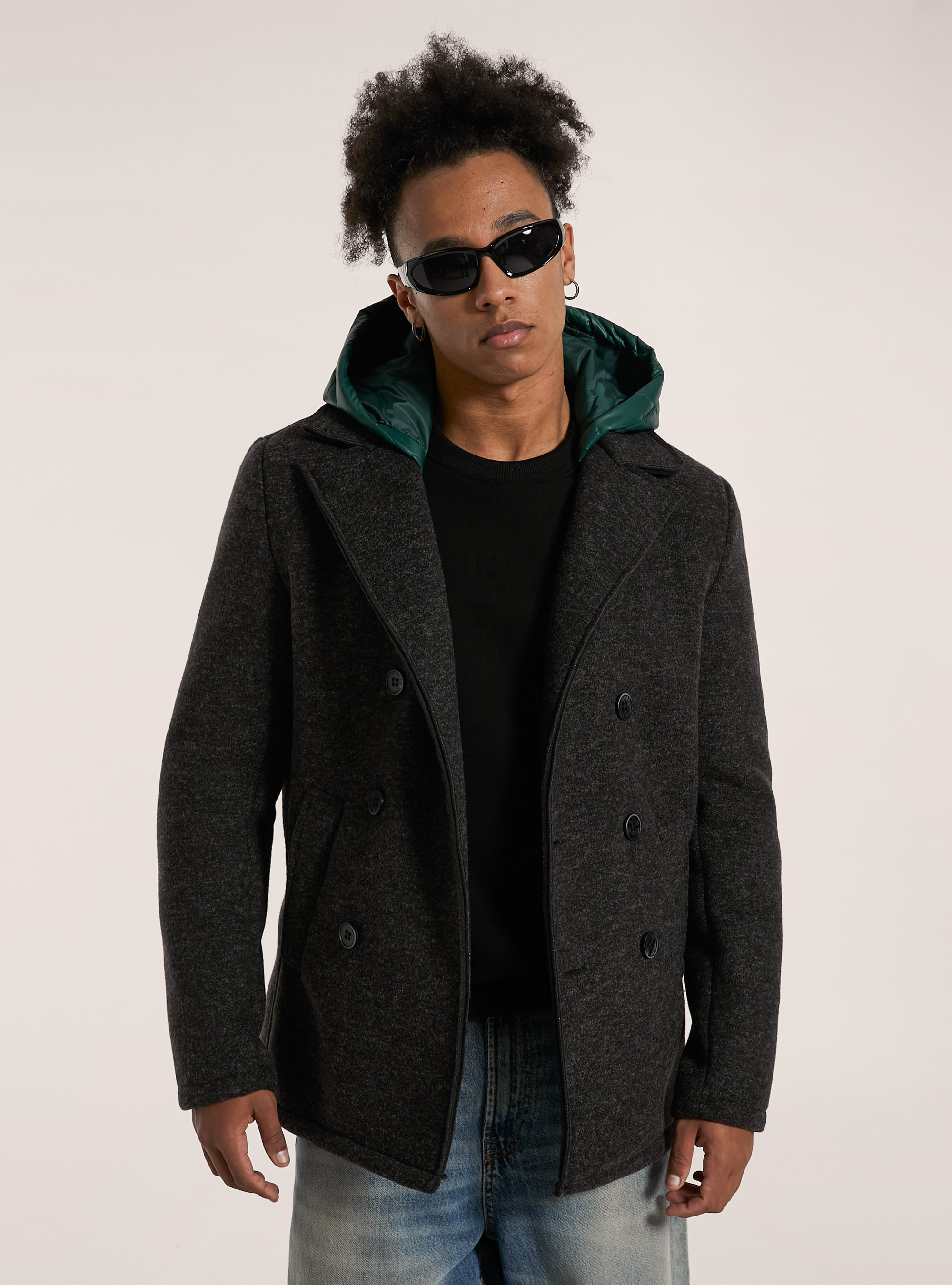 Cappotto doppiopetto con cappuccio trapuntato, MGY1 GREY MEL DARK