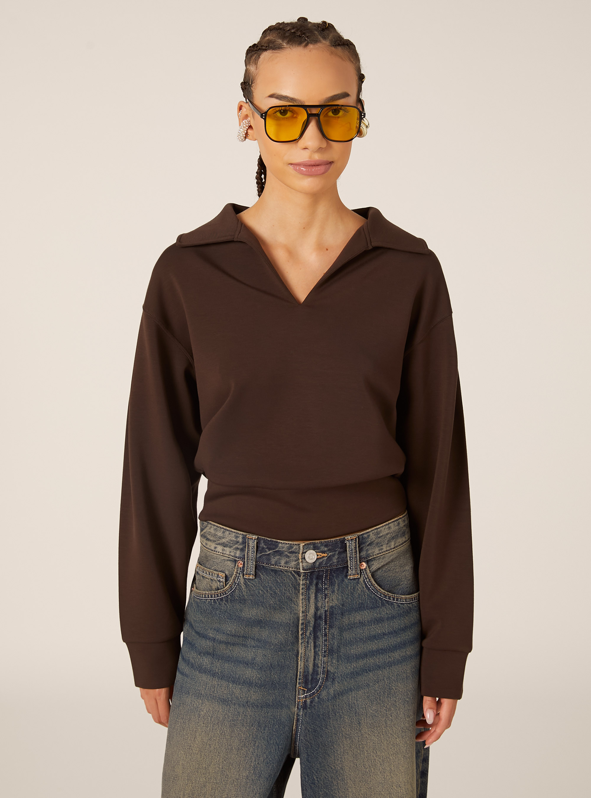 Sudadera con cuello polo, BR1 BROWN DARK