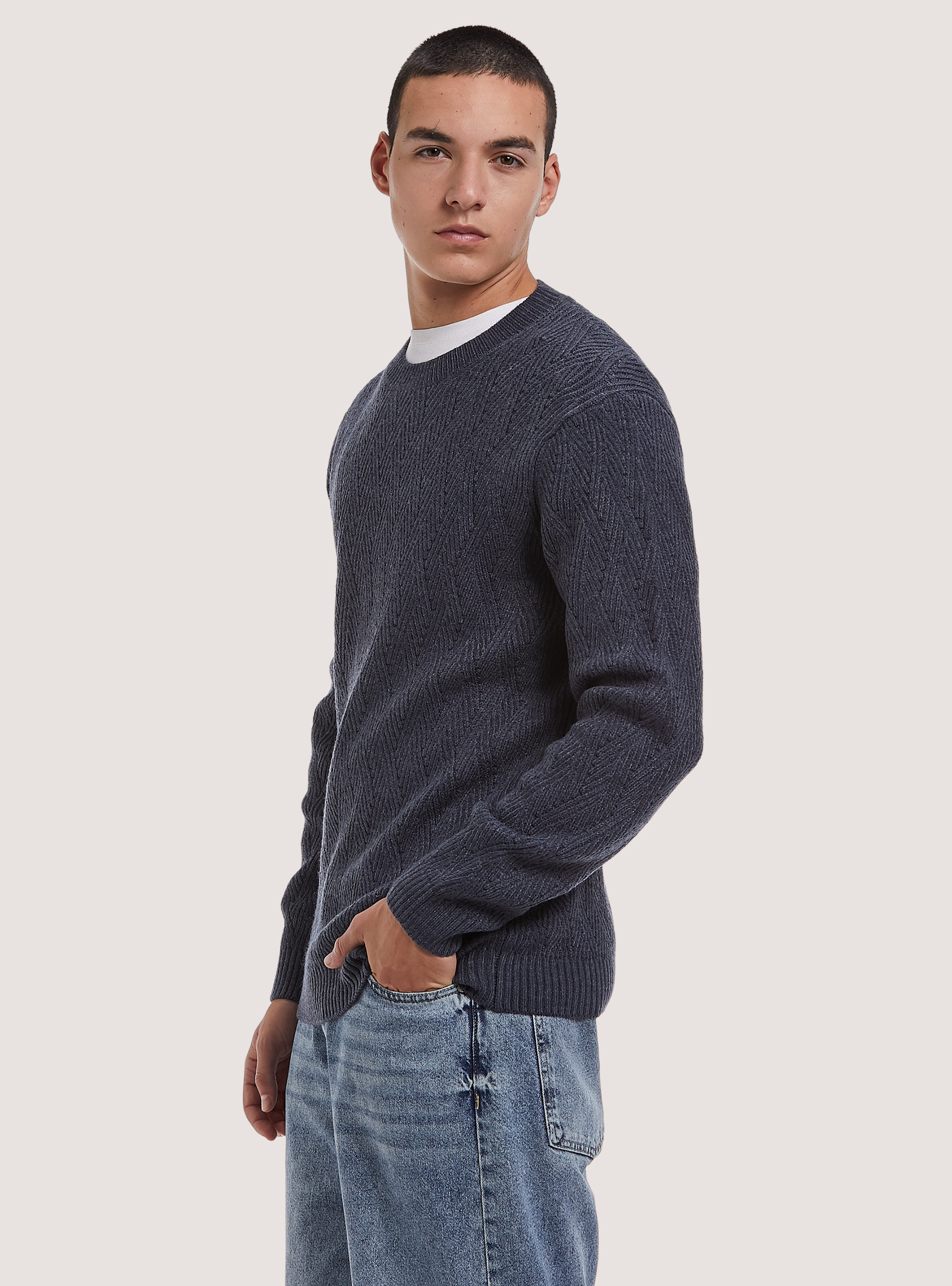 Pull doux à texture géométrique, MNA2 NAVY MEL MED