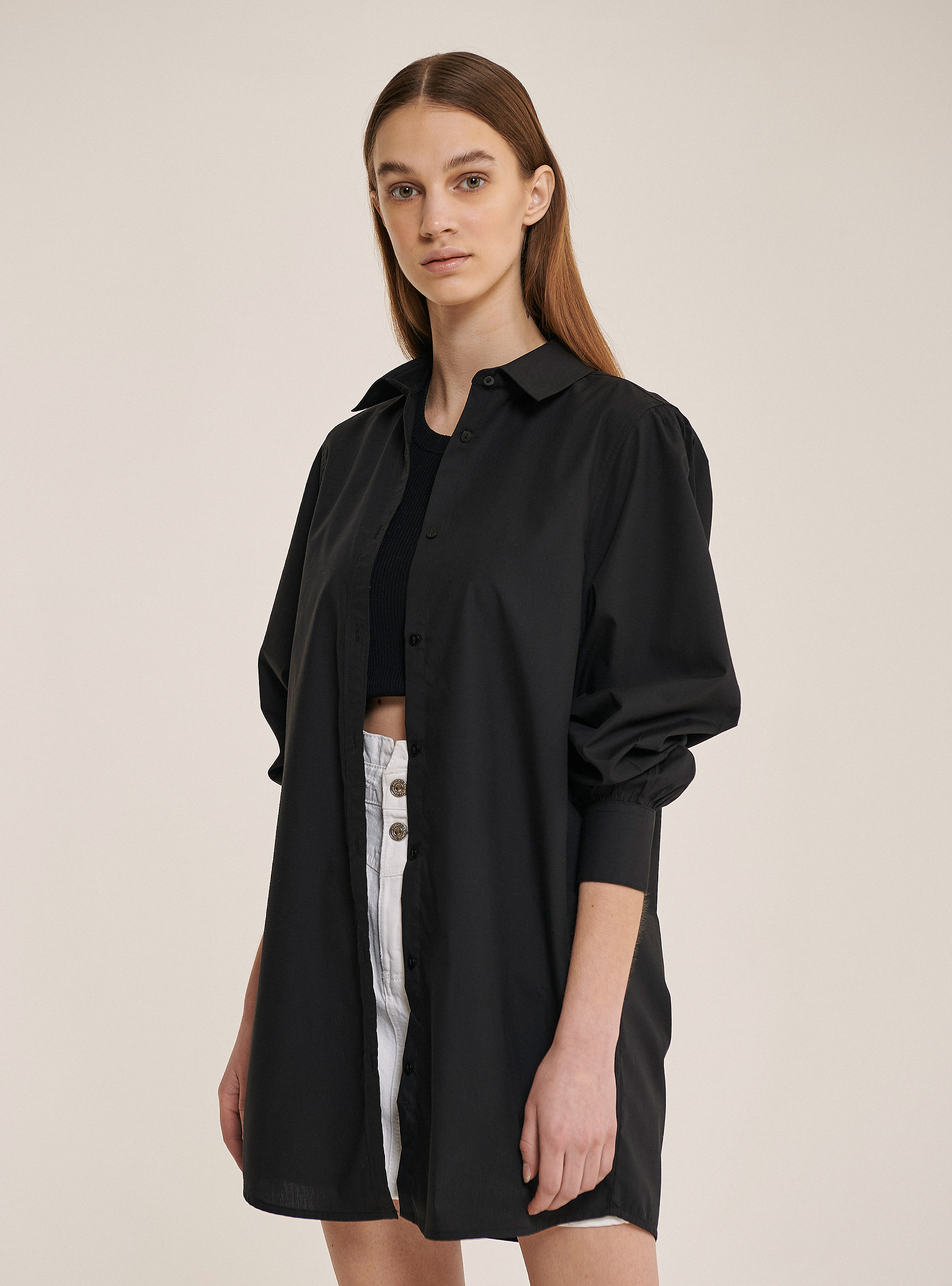 Chemise longue en tissu popeline, C101 BLACK