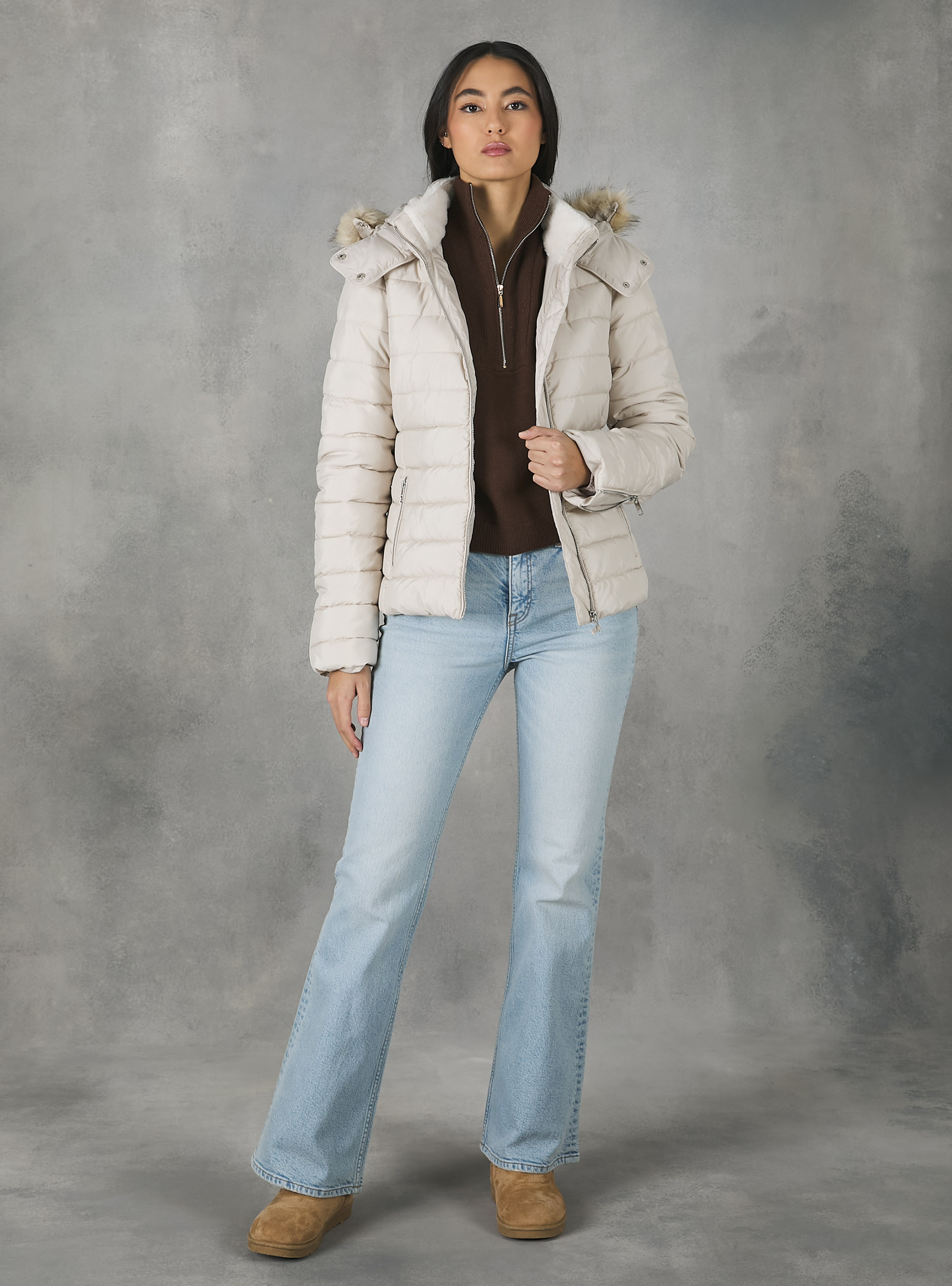 Padded jacket with hood and faux fur collar, BG2 BEIGE MEDIUM