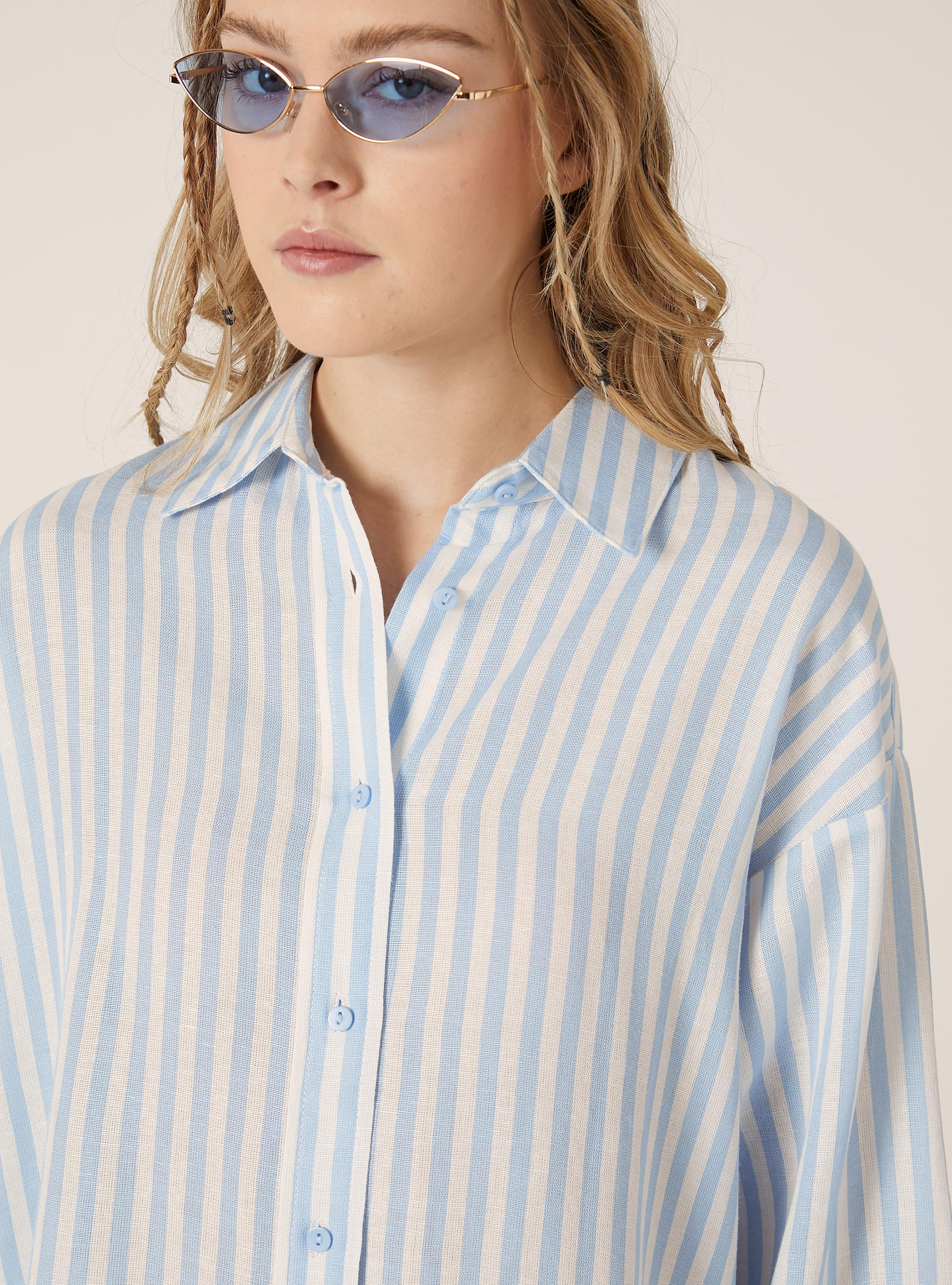 Camisa de rayas en mezcla de lino, AZ3 AZURE LIGHT