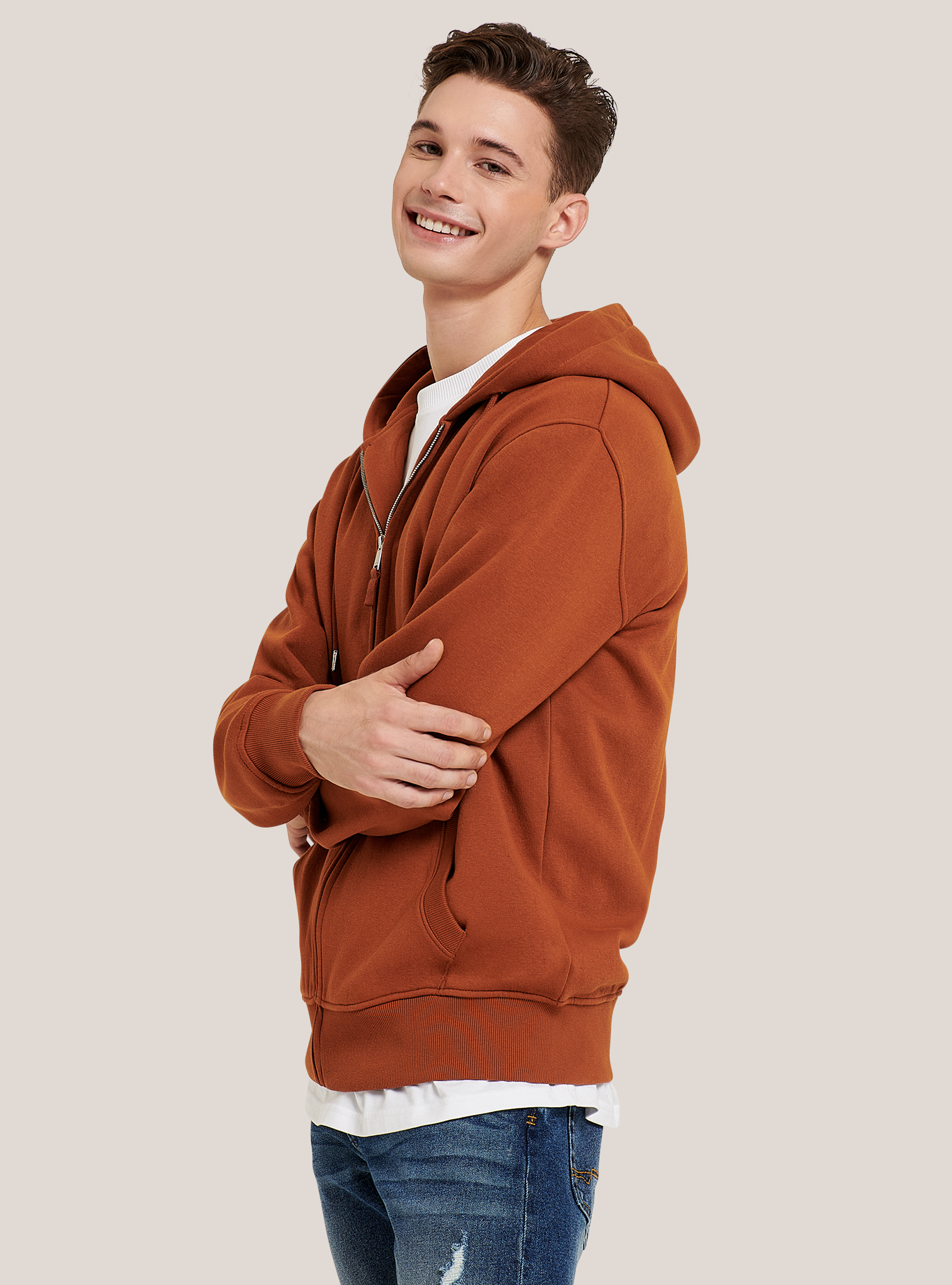 Felpa con zip e cappuccio in cotone, C5608 TOBACCO