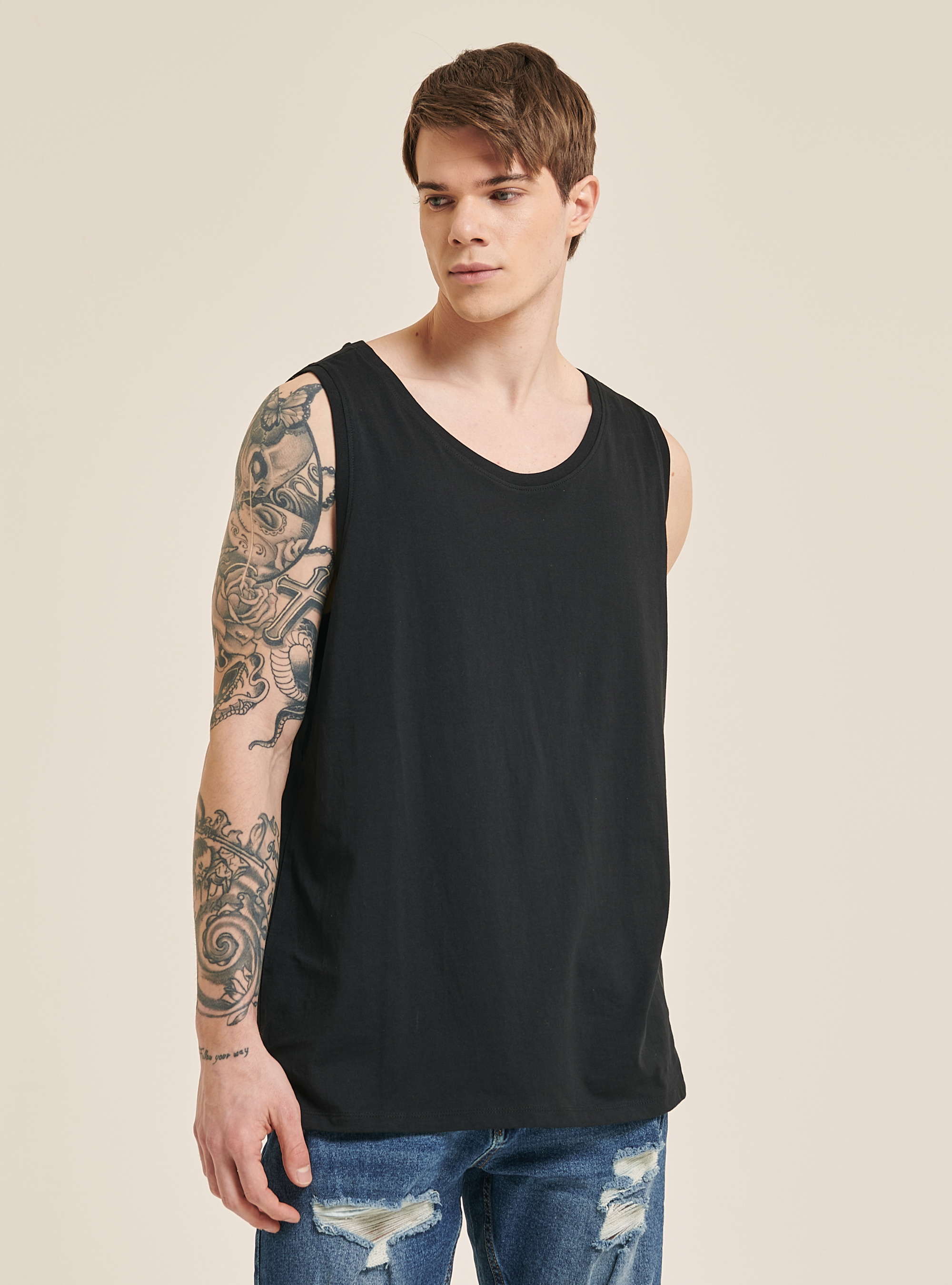 Solid-coloured comfort fit tank top, BK1 BLACK