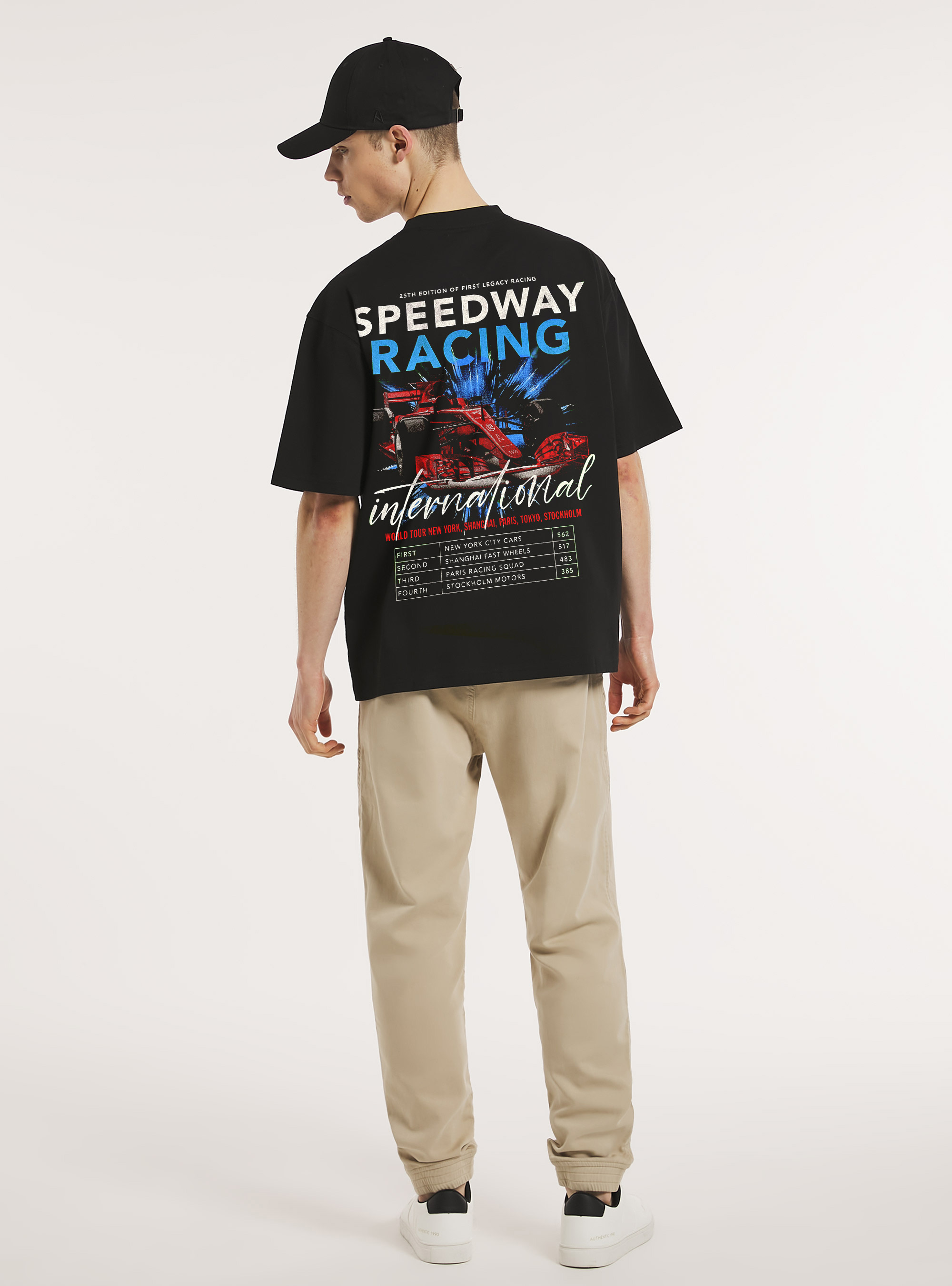 Maglietta boxy fit con stampa racing cars, BK1 BLACK